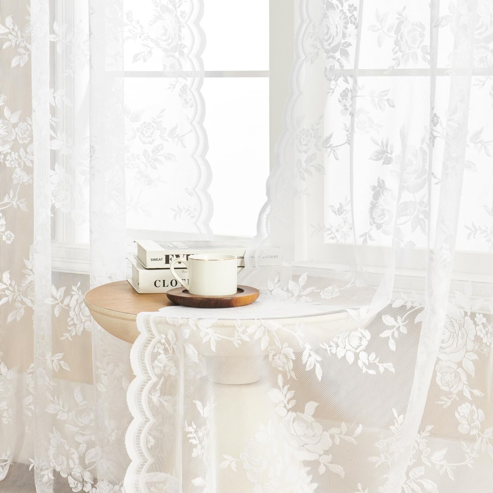 White Lace Curtains 108 Inches Long Victorian Sheer Floral Curtains For Living Room Office Rod Pocket Light Filtering Drapes For Dining Room Garden Villa Hallway French Window Decor  2 Panels  52X108