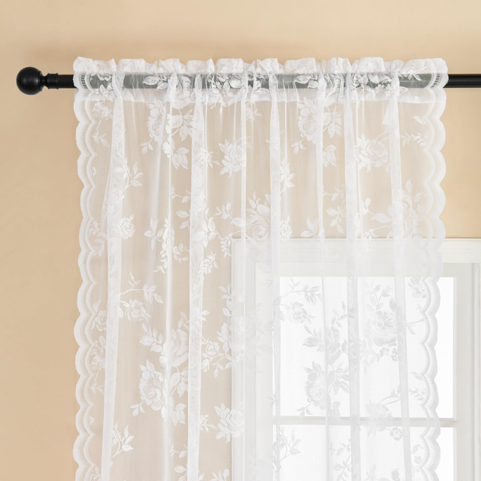 White Lace Curtains 108 Inches Long Victorian Sheer Floral Curtains For Living Room Office Rod Pocket Light Filtering Drapes For Dining Room Garden Villa Hallway French Window Decor  2 Panels  52X108