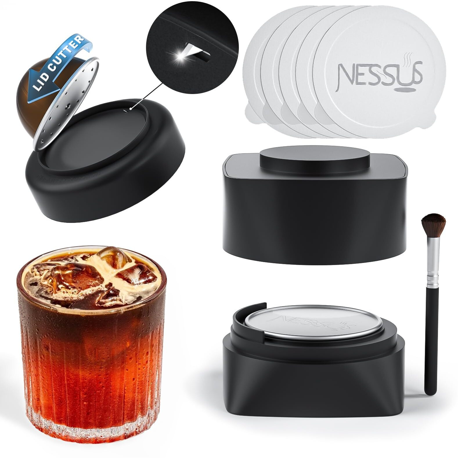 Nessus Reusable Vertuo Pods Refill Kit  Lid Easy Remover For Vertuo Seal  100Pcs Aluminum Foil Lids For Nespresso Vertuo Pods  Tamp & Press Refillable Vertuo Capsules Holder And Brush