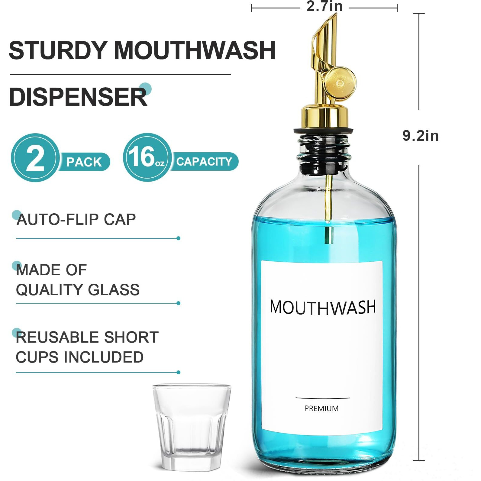 Toldatli Mouth Wash Dispenser For Bathroom  Glass Mouthwash Dispenser Container  Mouth Wash Container Bottle With Cup  Refillable Mouthwash Decanter  16Oz