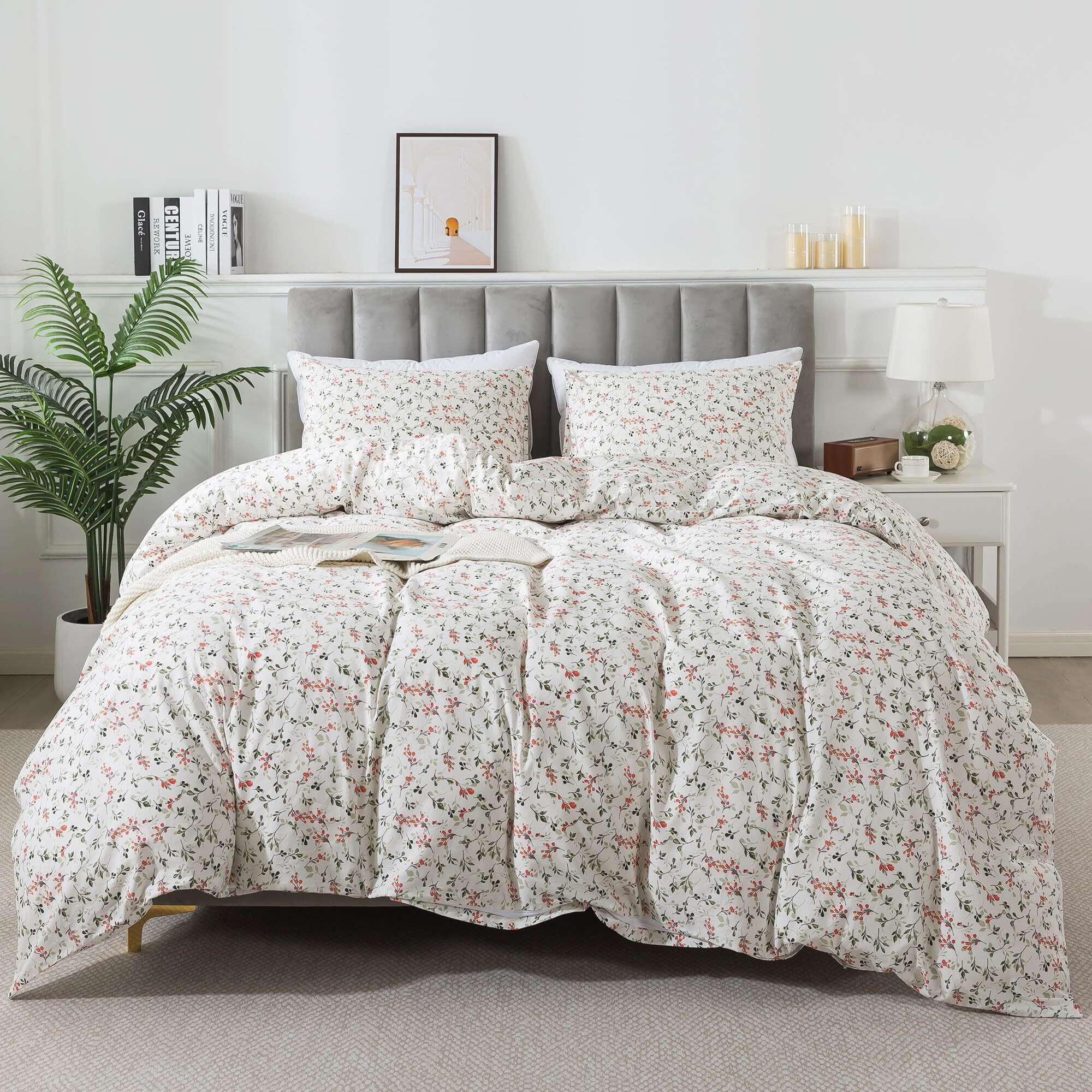Honeilife Duvet Dover King Size - 100% Cotton Comforter Cover Floral Duvet Cover Sets  Breathable Duvet Cover With Zipper Closure & Corner Ties  3-Pc Wildflower Comforter Cover Sets  Red Bean