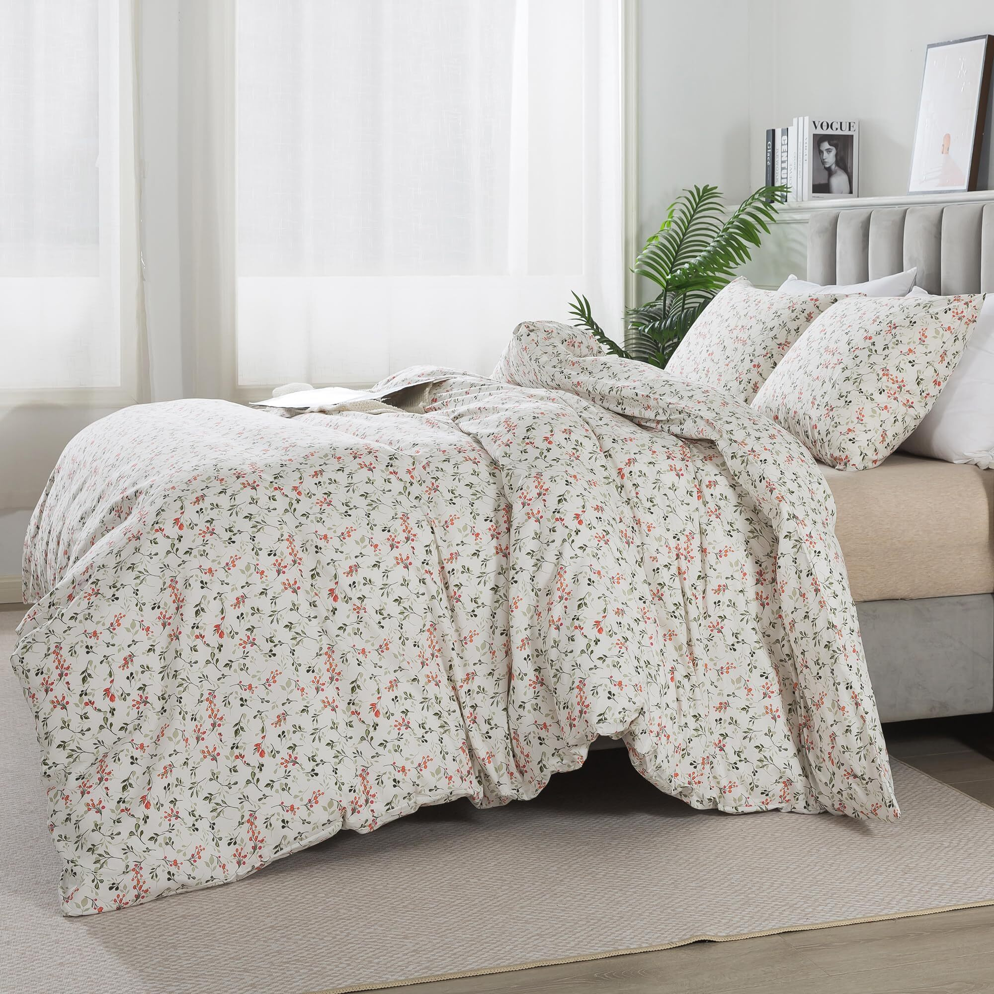 Honeilife Duvet Dover King Size - 100% Cotton Comforter Cover Floral Duvet Cover Sets  Breathable Duvet Cover With Zipper Closure & Corner Ties  3-Pc Wildflower Comforter Cover Sets  Red Bean