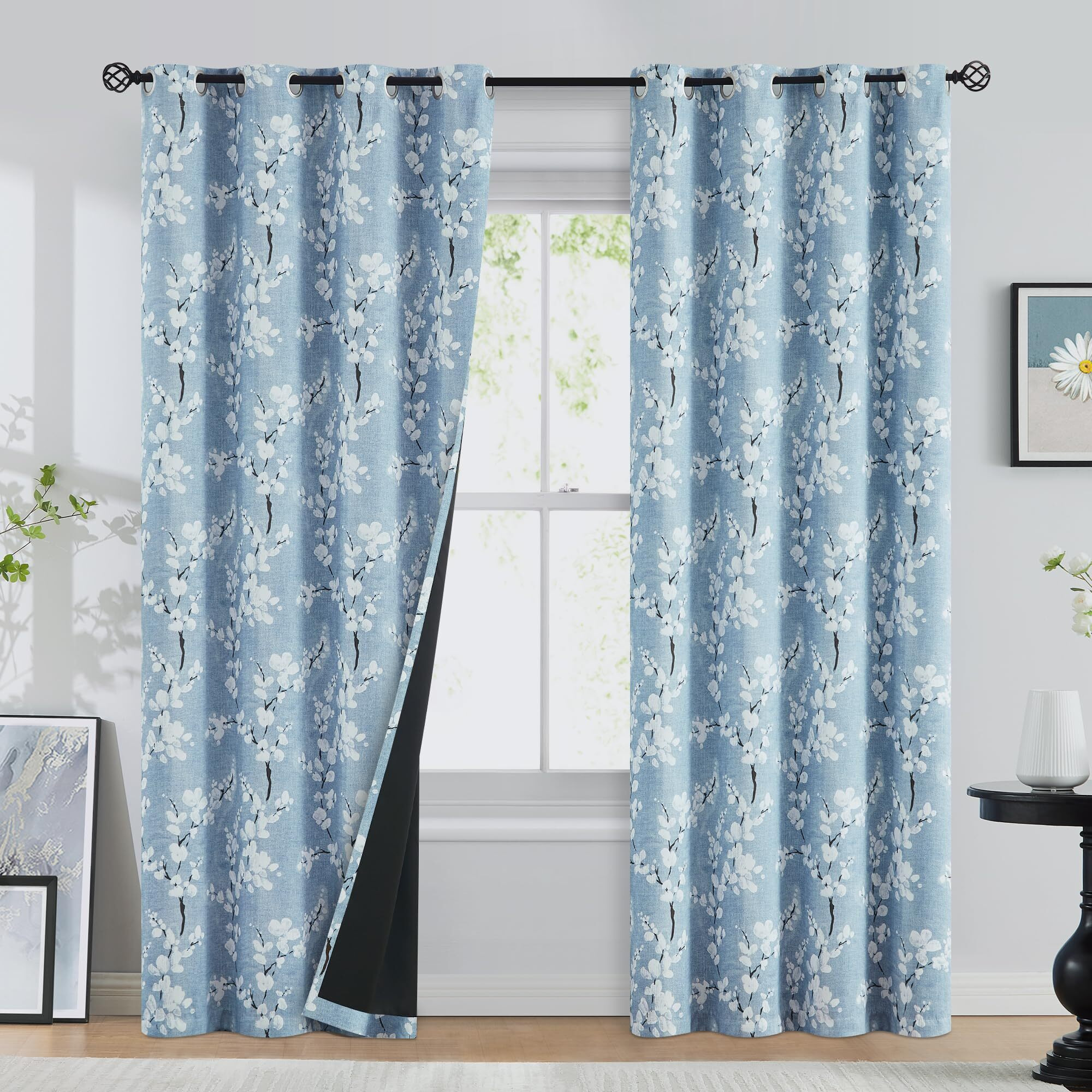 Fmfunctex 100% Blackout Floral Curtains For Bedroom  Blue Curtains 96 Inches Long Blossom Flower Patterned For Living Room Thermal Insulated Farmhouse Drapes  Grommet Top 2 Panels (White On Blue)