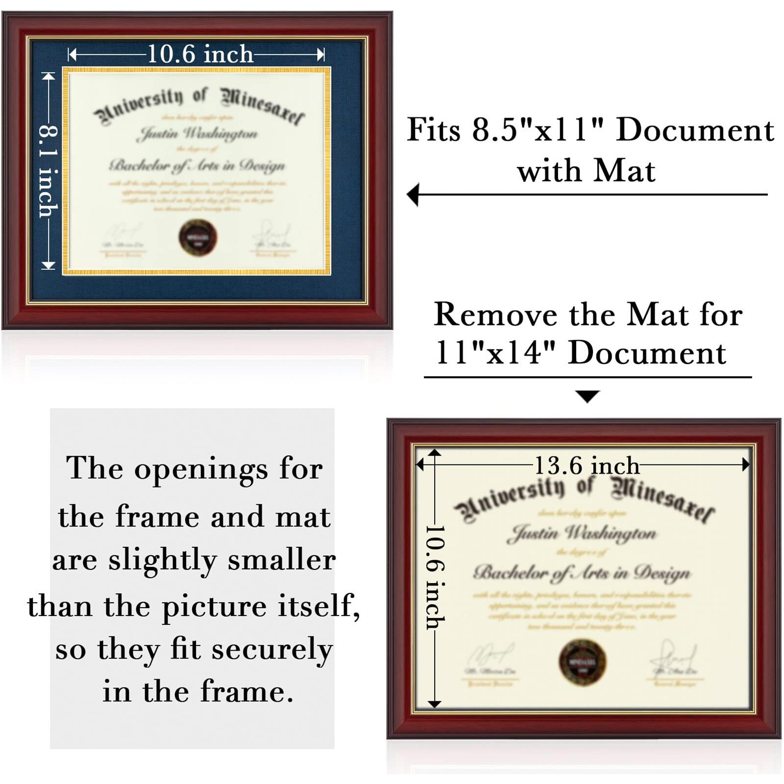 Minesaxel 11X14 Diploma Frame With 8.5 X 11 Opening Blue Mat  Display 8.5X11 Degree Certificate Document  Wall Mount Or Tabletop Display(Cherry Red)