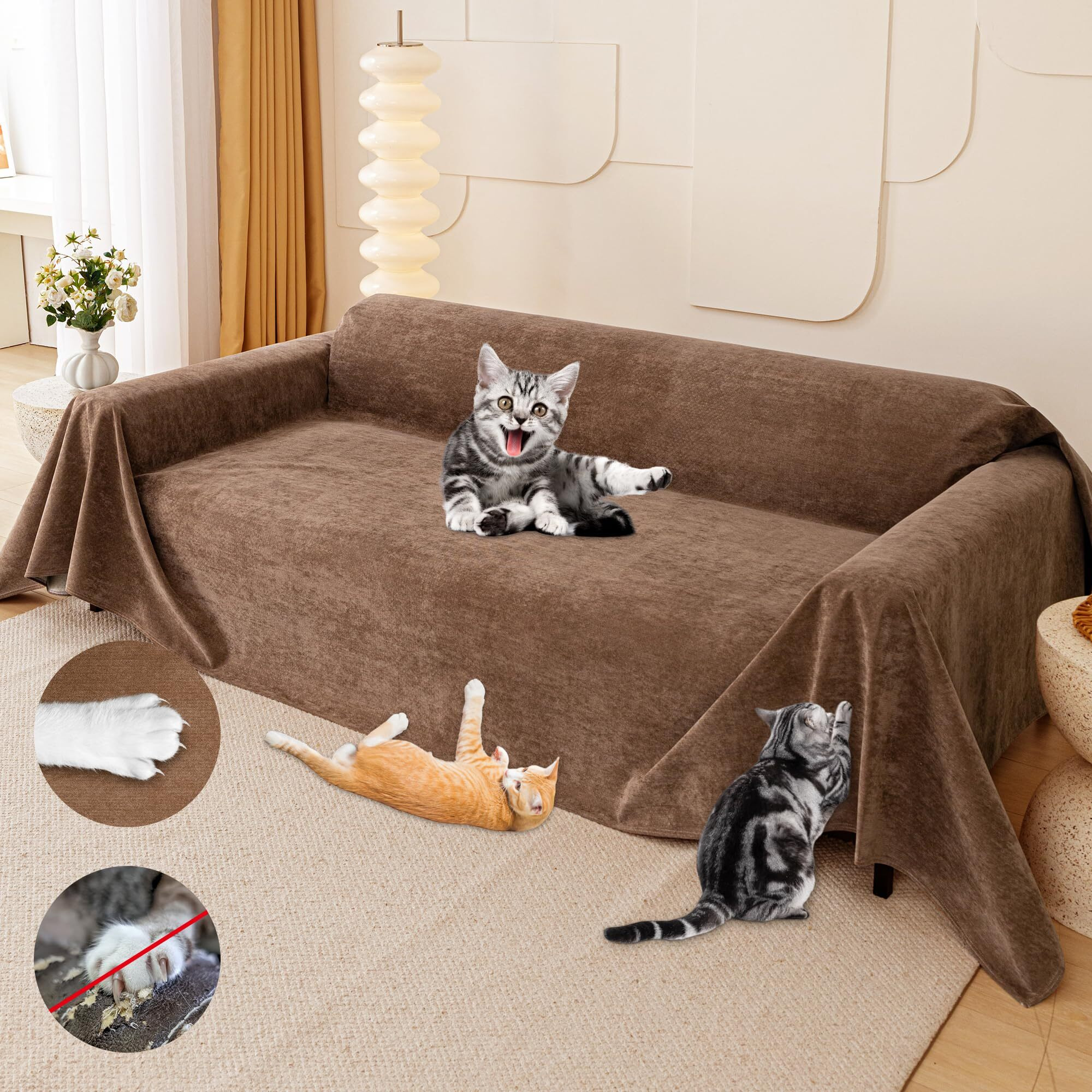 Cat Scratch Furniture Protector - Anti-Slip  Waterproof Sofa Cover To Keep Cats Off  Pet-Friendly Couch Protectors For 3 Cushion Couch  Brown Anti-Scratch Couch Cover For Pets And Kids 134"&quotX71""