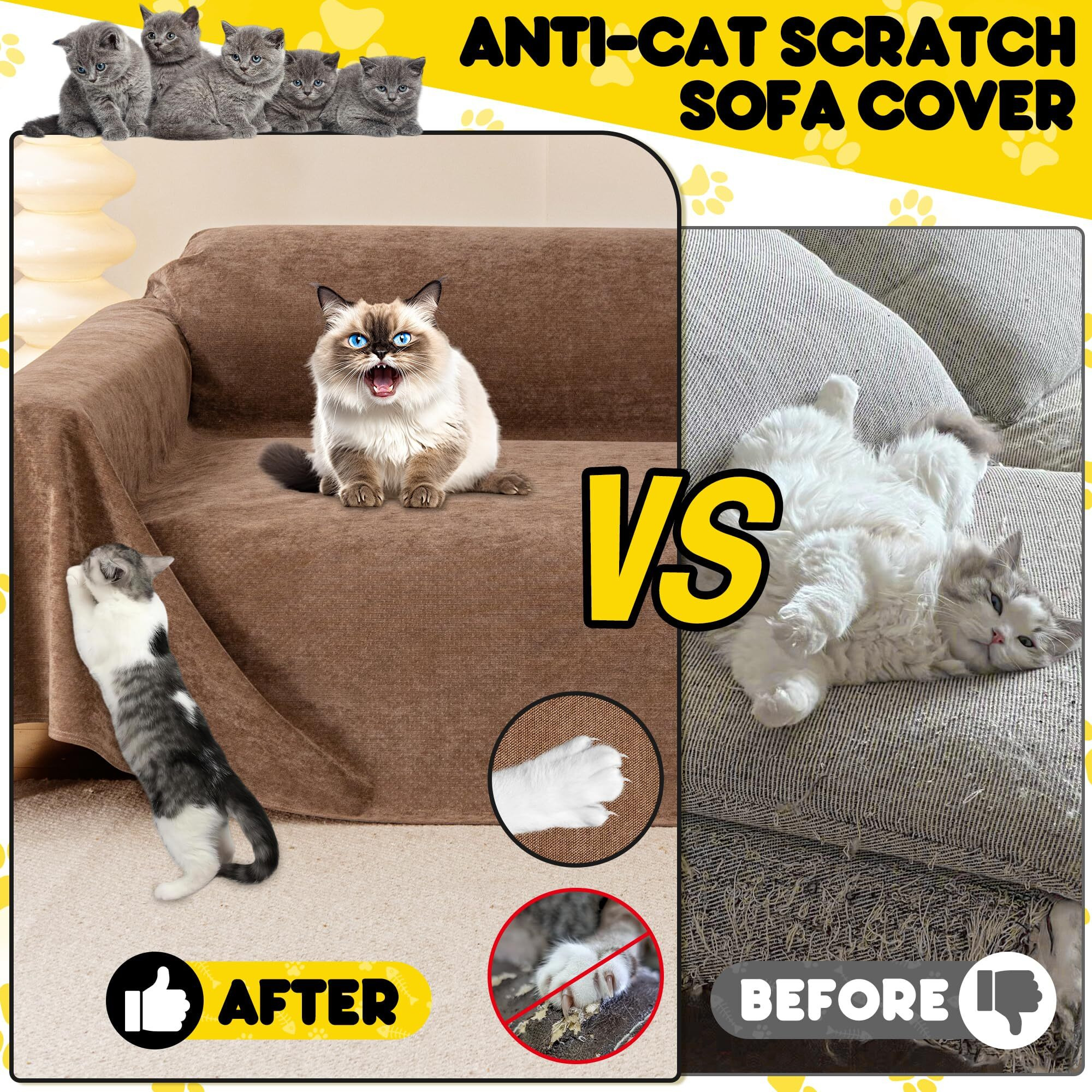 Cat Scratch Furniture Protector - Anti-Slip  Waterproof Sofa Cover To Keep Cats Off  Pet-Friendly Couch Protectors For 3 Cushion Couch  Brown Anti-Scratch Couch Cover For Pets And Kids 134"&quotX71""