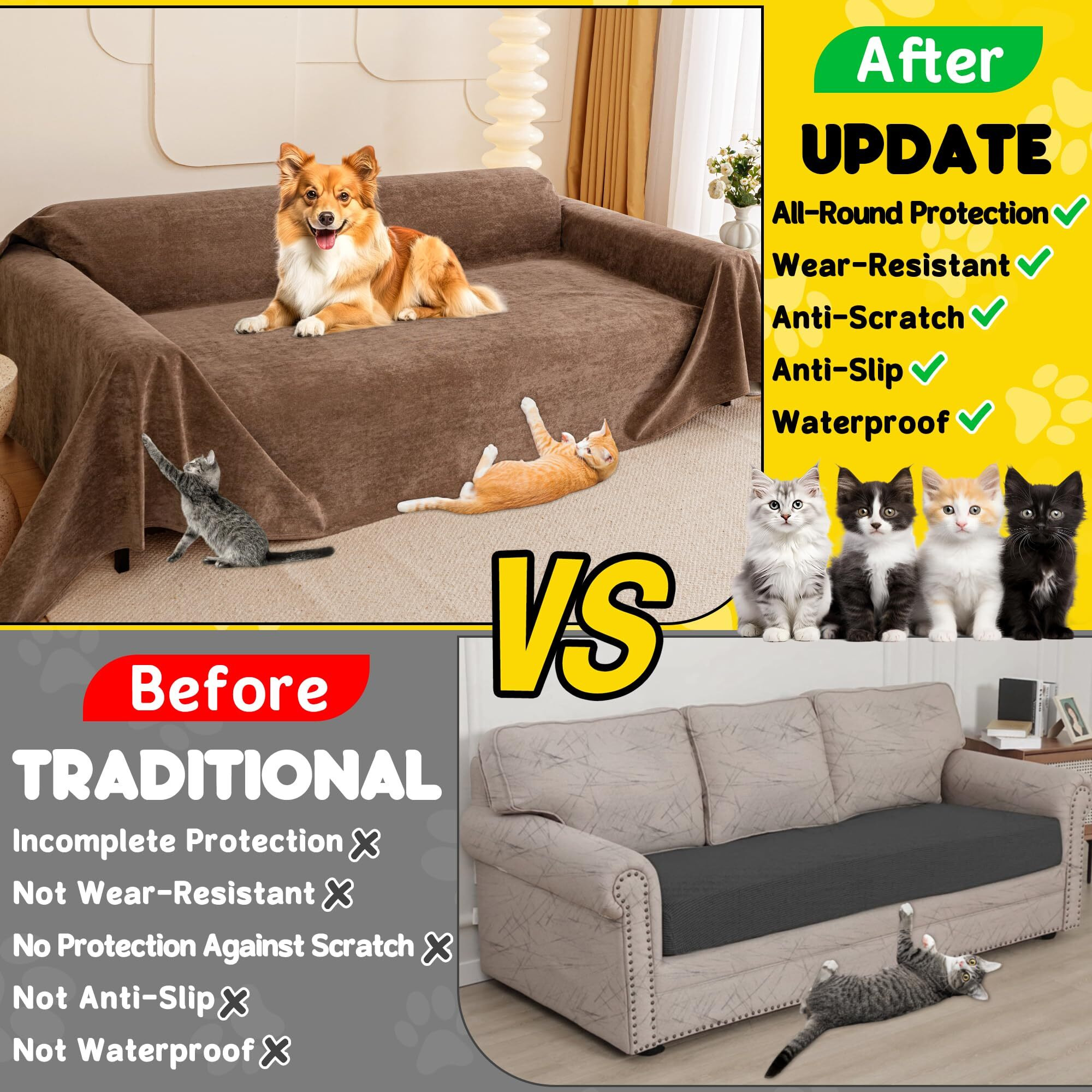 Cat Scratch Furniture Protector - Anti-Slip  Waterproof Sofa Cover To Keep Cats Off  Pet-Friendly Couch Protectors For 3 Cushion Couch  Brown Anti-Scratch Couch Cover For Pets And Kids 134"&quotX71""