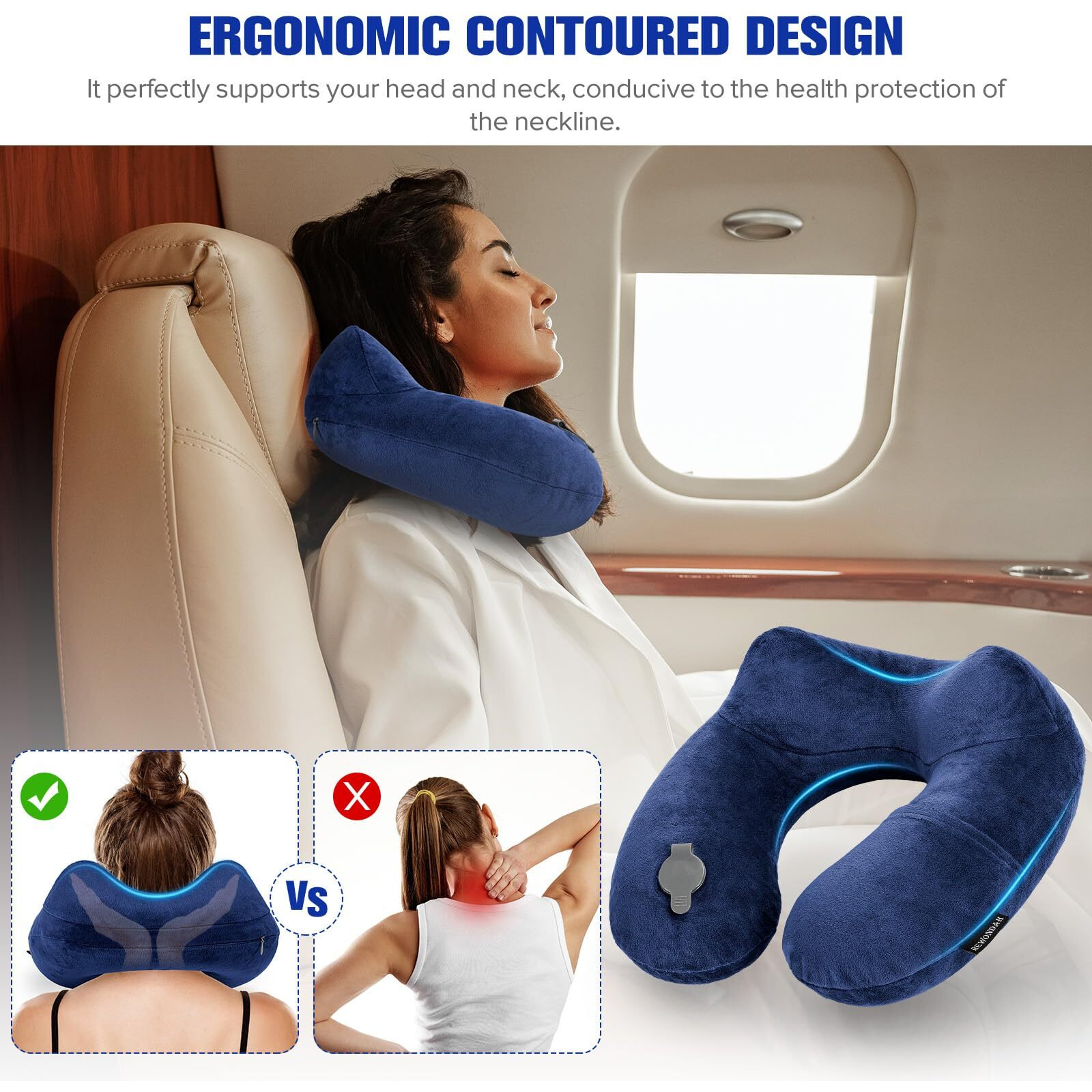 Rewondah Inflatable Travel Pillow For Sleeping Airplane - Inflatable Neck Pillow For Traveling On Plane With Washable Cover  Blow Up Neck Travel Pillow For Airplanes  Cars - Portable And Comfortable