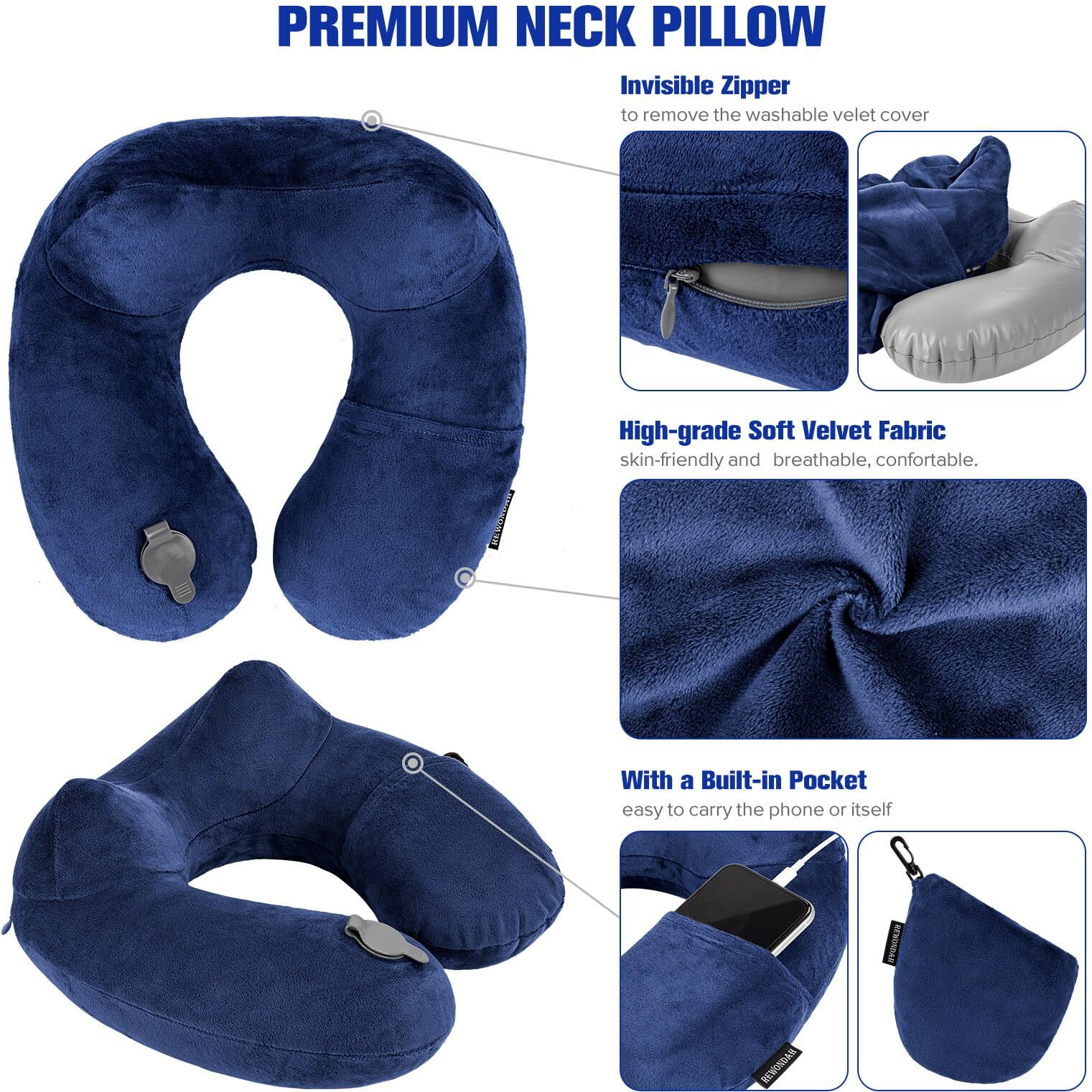Rewondah Inflatable Travel Pillow For Sleeping Airplane - Inflatable Neck Pillow For Traveling On Plane With Washable Cover  Blow Up Neck Travel Pillow For Airplanes  Cars - Portable And Comfortable