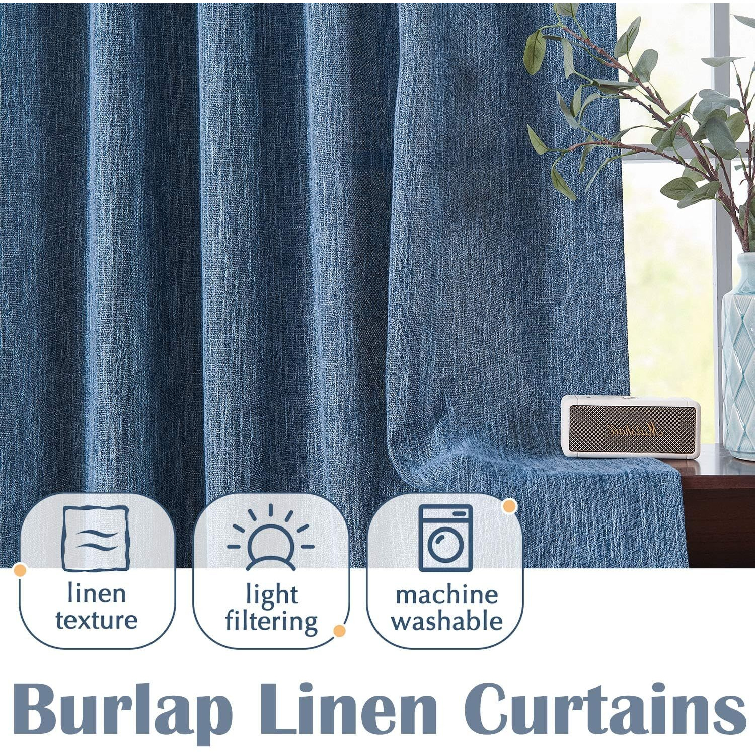 Jinchan Burlap Look Curtains 84 Inches Long Linen Textured Curtains For Living Room Light Filtering Farmhouse Curtains Rod Pocket Window Curtain Panels For Bedroom 2 Panels Blue Curtains