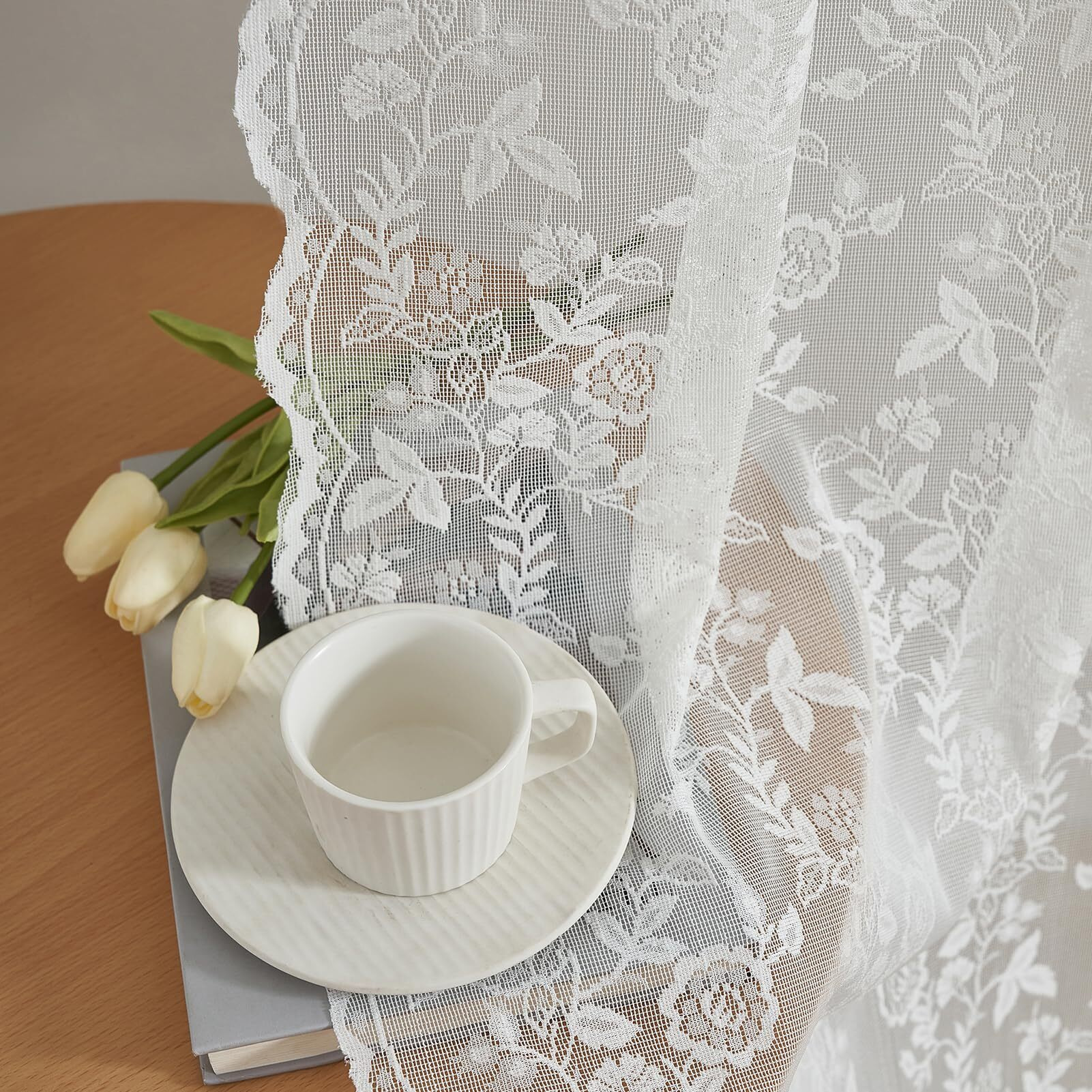 Finecity Short Lace Curtains 36 Inch Length For Small Window  Rustic Leaf Floral Design Lace Cafe Curtains 2 Panels  Rod Pocket Privacy Sheer Lace Curtains  42 X 36 Inch  1 Pair  Ivory