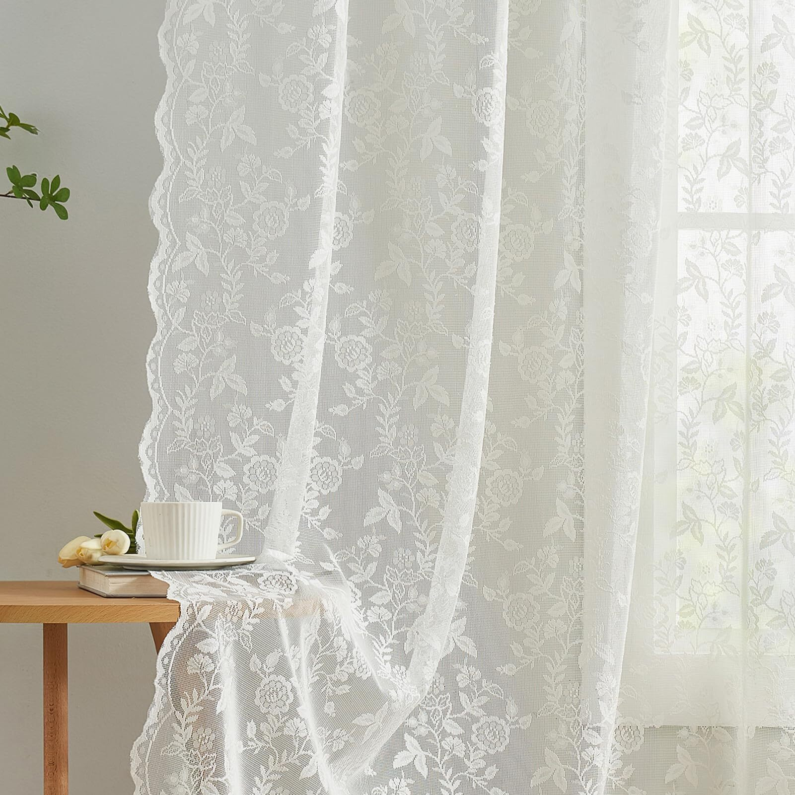Finecity Short Lace Curtains 36 Inch Length For Small Window  Rustic Leaf Floral Design Lace Cafe Curtains 2 Panels  Rod Pocket Privacy Sheer Lace Curtains  42 X 36 Inch  1 Pair  Ivory