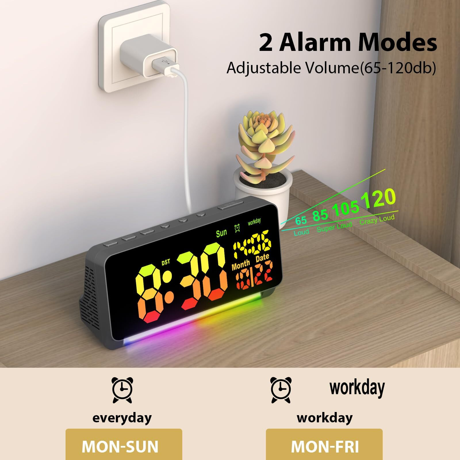 120Db Super Loud Alarm Clocks For Heavy Sleepers Adults   15 Wake Up Sounds Alarm Clock For Heavy Sleepers   7 Color Night Light  Dynamic Rgb Color   0-100% Dimmer  Snooze  Dst   Large Led Display