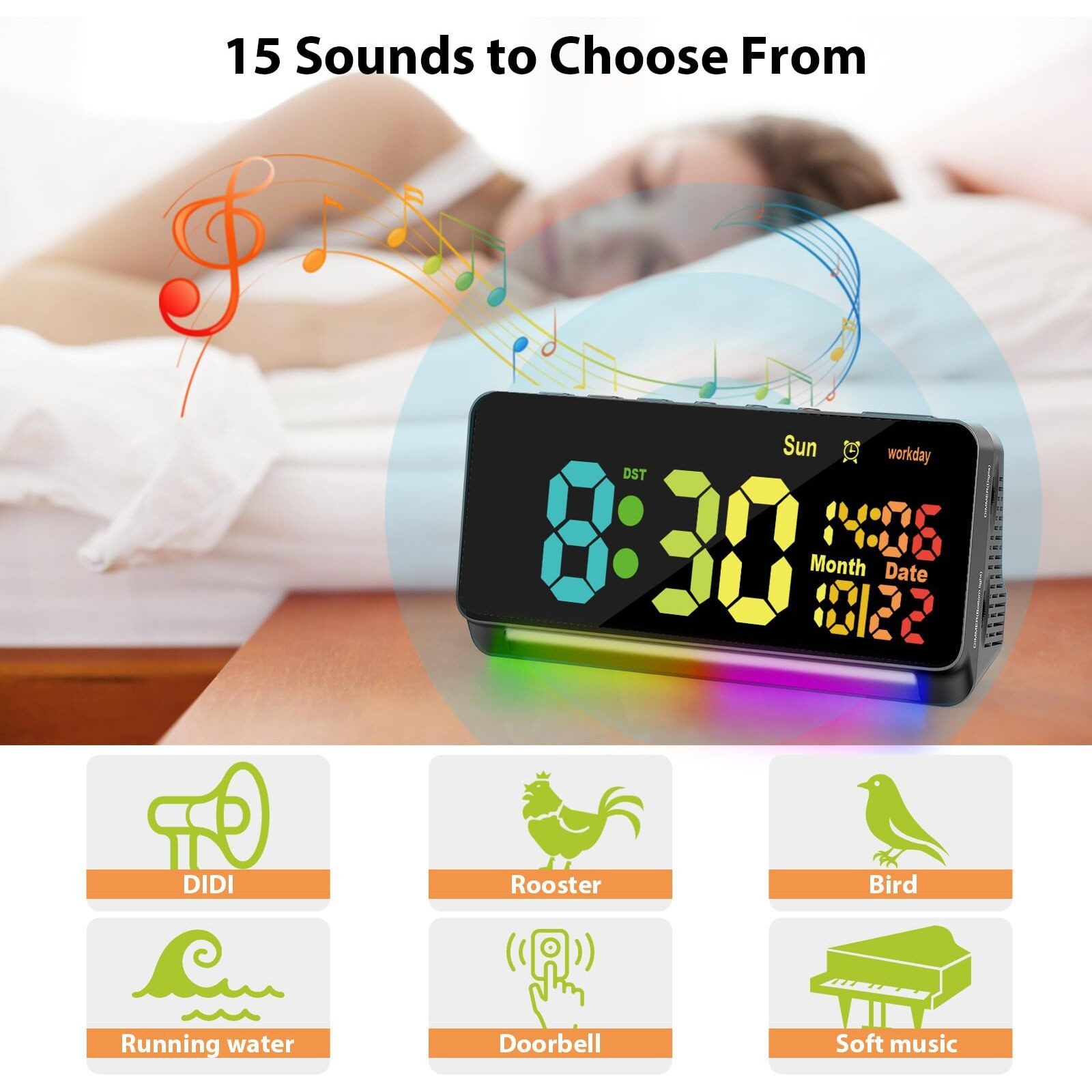 120Db Super Loud Alarm Clocks For Heavy Sleepers Adults   15 Wake Up Sounds Alarm Clock For Heavy Sleepers   7 Color Night Light  Dynamic Rgb Color   0-100% Dimmer  Snooze  Dst   Large Led Display