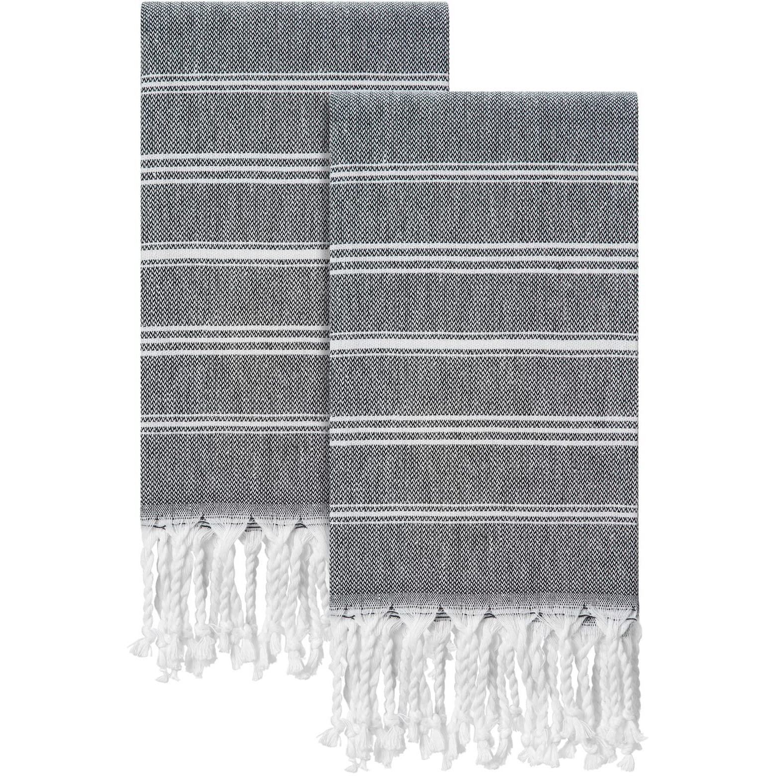 Cabanana Cotton Turkish Hand Towel - Set Of 2 | Boho Kitchen Tea Towels  30 X 20 Inches Thin Decorative Bathroom Towel (Black)