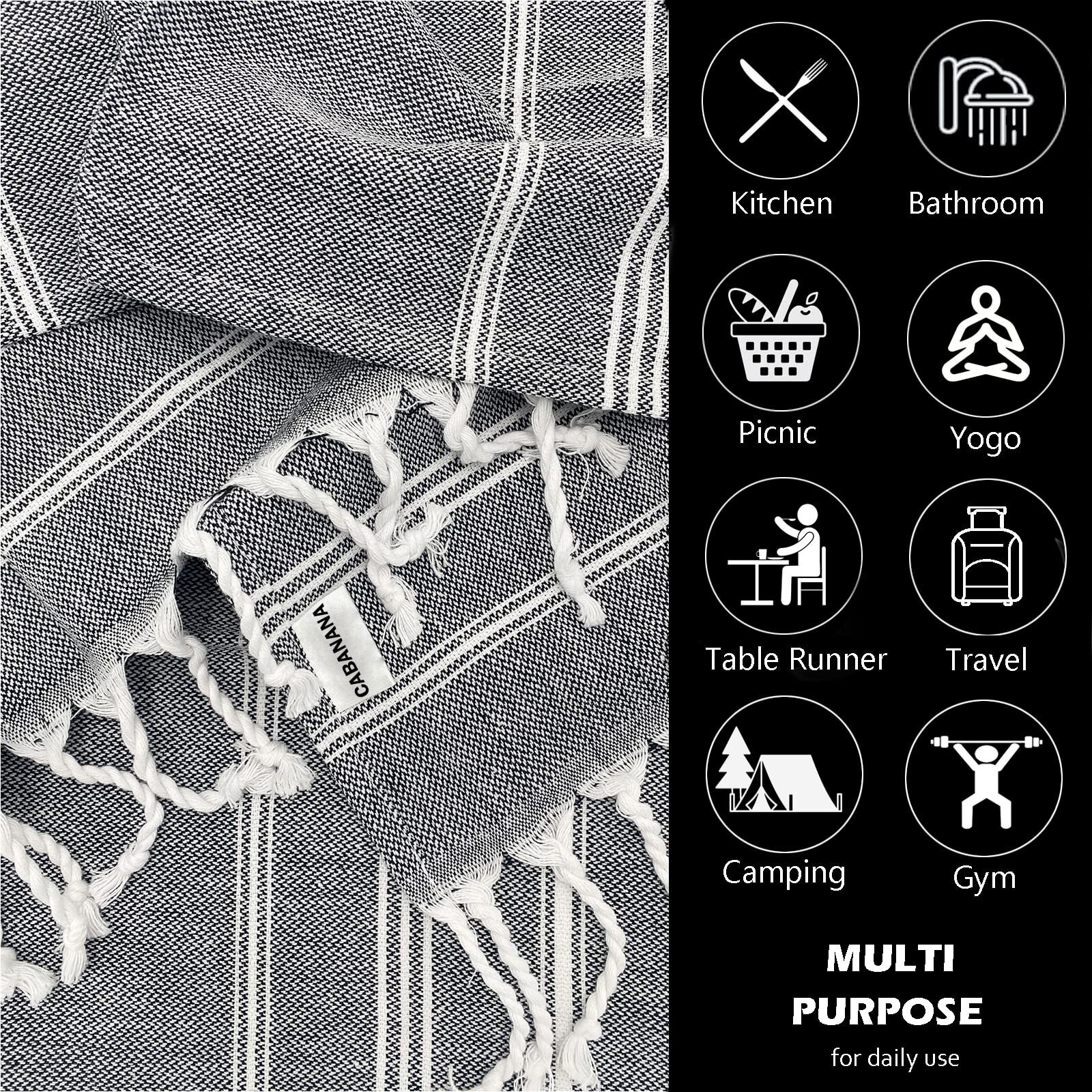 Cabanana Cotton Turkish Hand Towel - Set Of 2 | Boho Kitchen Tea Towels  30 X 20 Inches Thin Decorative Bathroom Towel (Black)