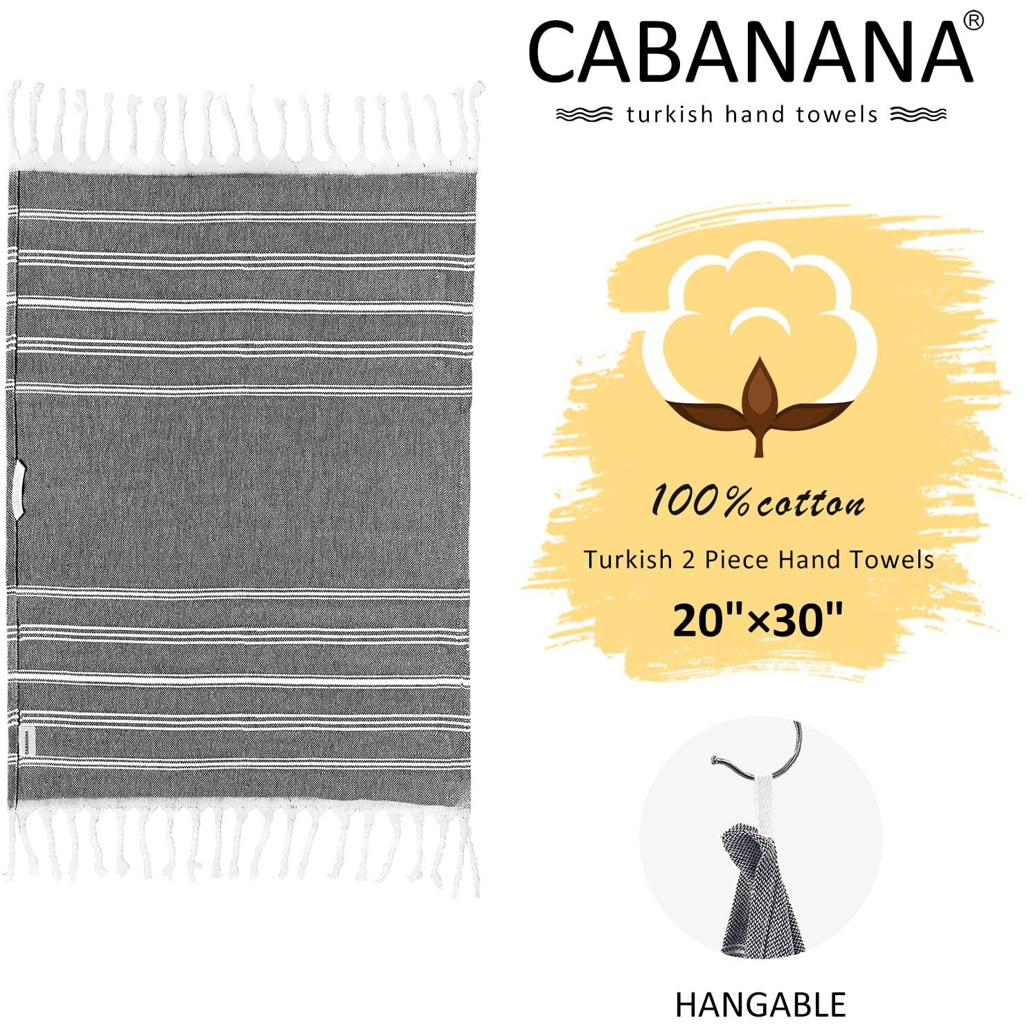 Cabanana Cotton Turkish Hand Towel - Set Of 2 | Boho Kitchen Tea Towels  30 X 20 Inches Thin Decorative Bathroom Towel (Black)