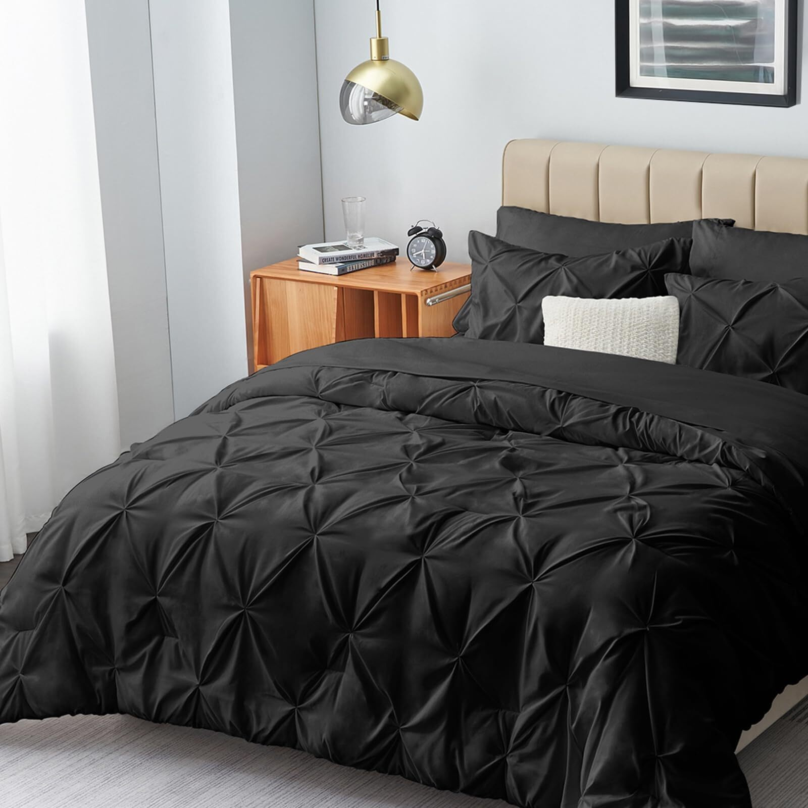 Himeet King Size Comforter Set 7 Pieces Pintuck Bed In A Bag King Size Bedding Sets Pinch Pleat Design King Size Bed Set Black