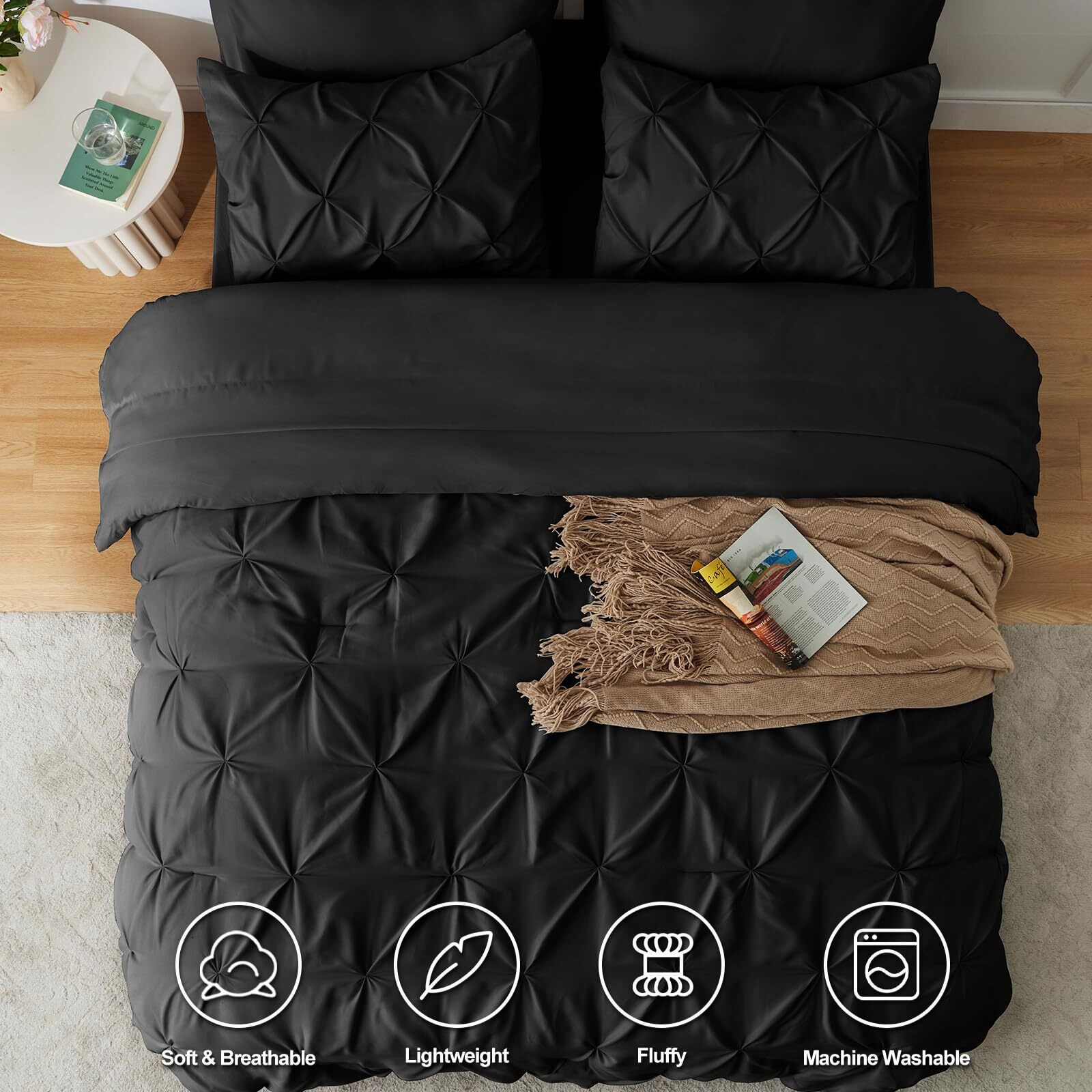 Himeet King Size Comforter Set 7 Pieces Pintuck Bed In A Bag King Size Bedding Sets Pinch Pleat Design King Size Bed Set Black