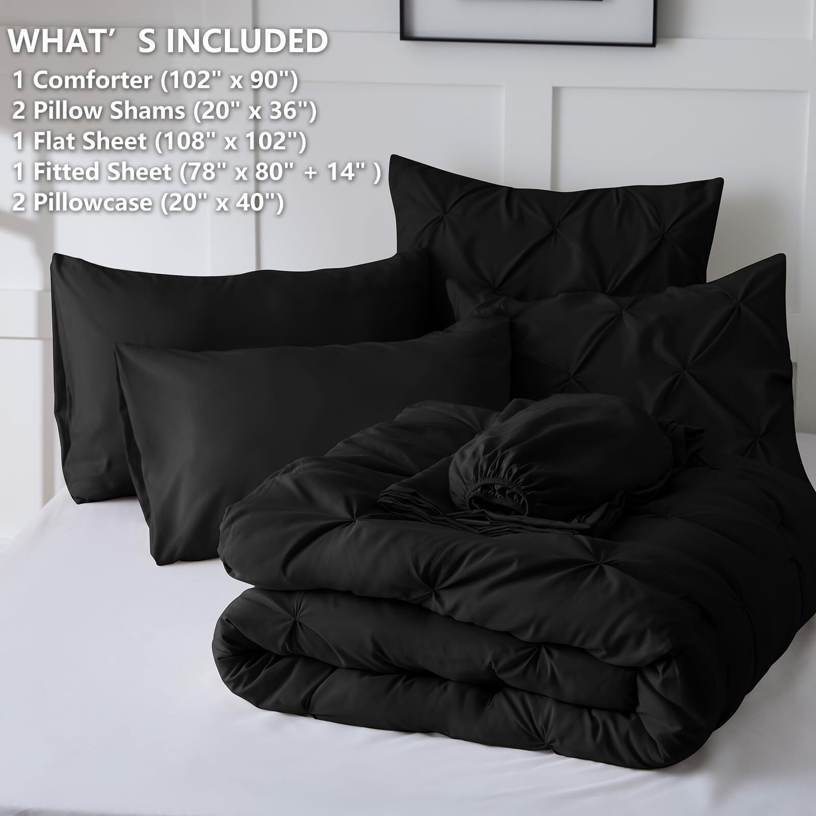 Himeet King Size Comforter Set 7 Pieces Pintuck Bed In A Bag King Size Bedding Sets Pinch Pleat Design King Size Bed Set Black