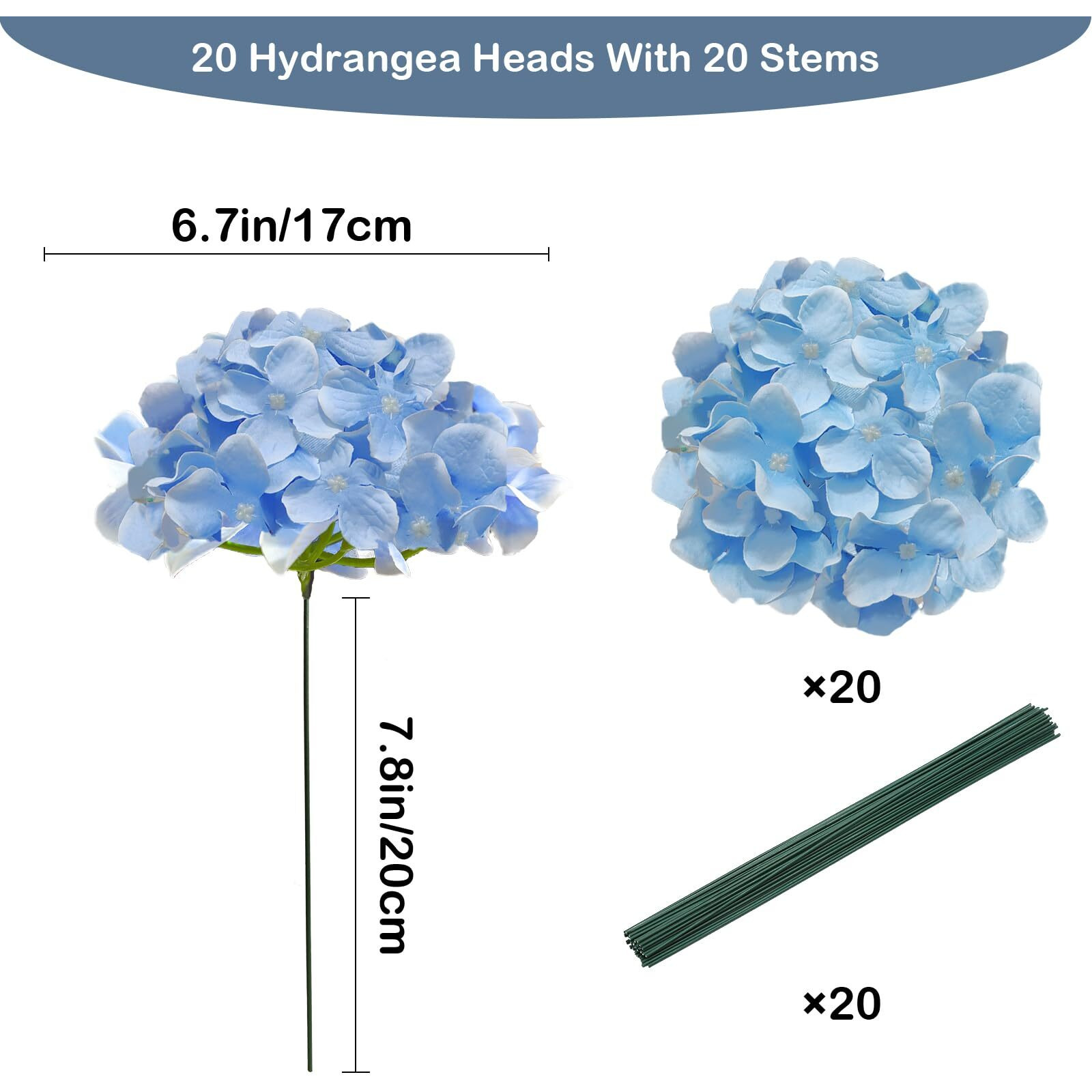 Cherica 20 Pcs Blue Hydrangea Artificial Flowers Bulk  Faux Hydrangea Flowers Heads  Artificial Fake Silk Hydrangea Flowers With Stems  Blue Flowers Artificial For Decoration Wedding DCor