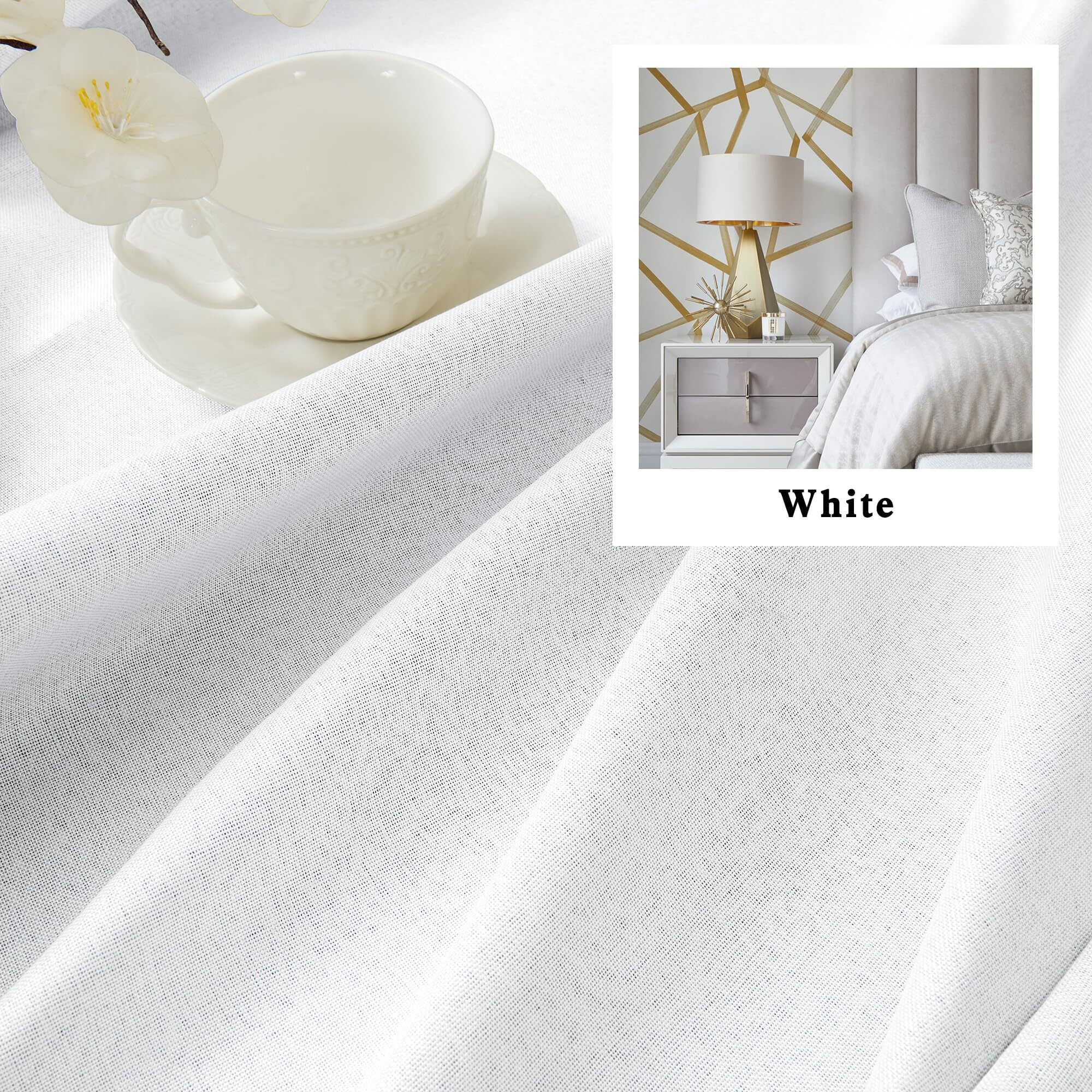 Dualife Greyish White Linen 100% Blackout Curtains 96 Inch Long Light Blocking Privacy Protect For Master Bedroom Living Room Pinch Pleated/Rod Pocket/Back Tab/Hook Belt W50 X L96 Pure White 2 Panels