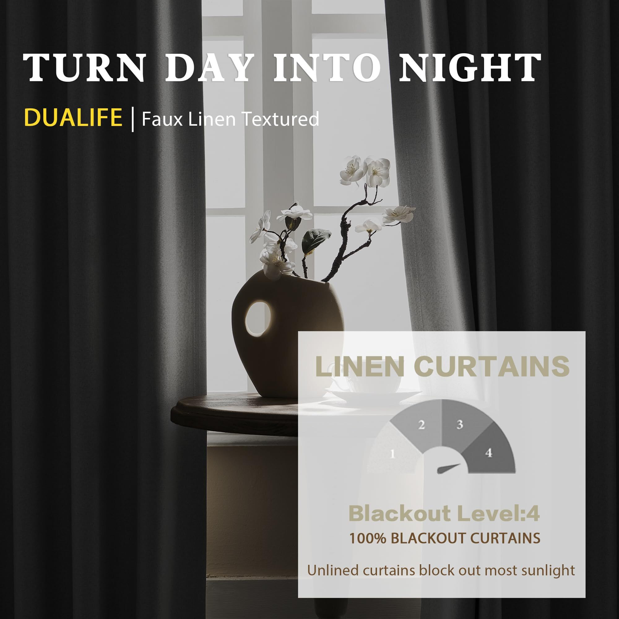 Dualife Greyish White Linen 100% Blackout Curtains 96 Inch Long Light Blocking Privacy Protect For Master Bedroom Living Room Pinch Pleated/Rod Pocket/Back Tab/Hook Belt W50 X L96 Pure White 2 Panels