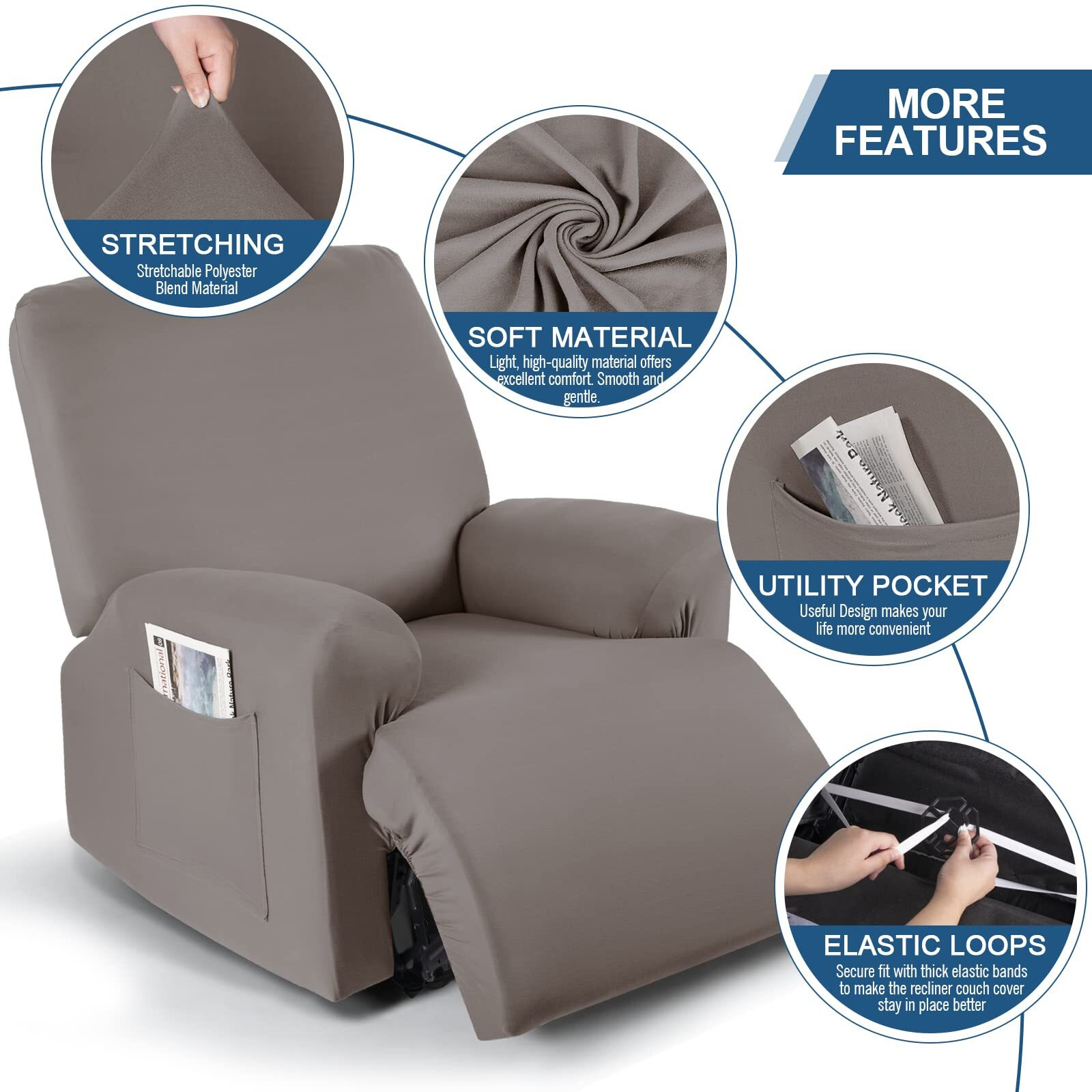 Taococo Stretch Recliner Couch Covers 3-Pieces Style Recliner Chair Covers Recliner Cover For Reclining Chair Slipcovers Feature Fitted Soft Washable (1 Seat  Taupe)