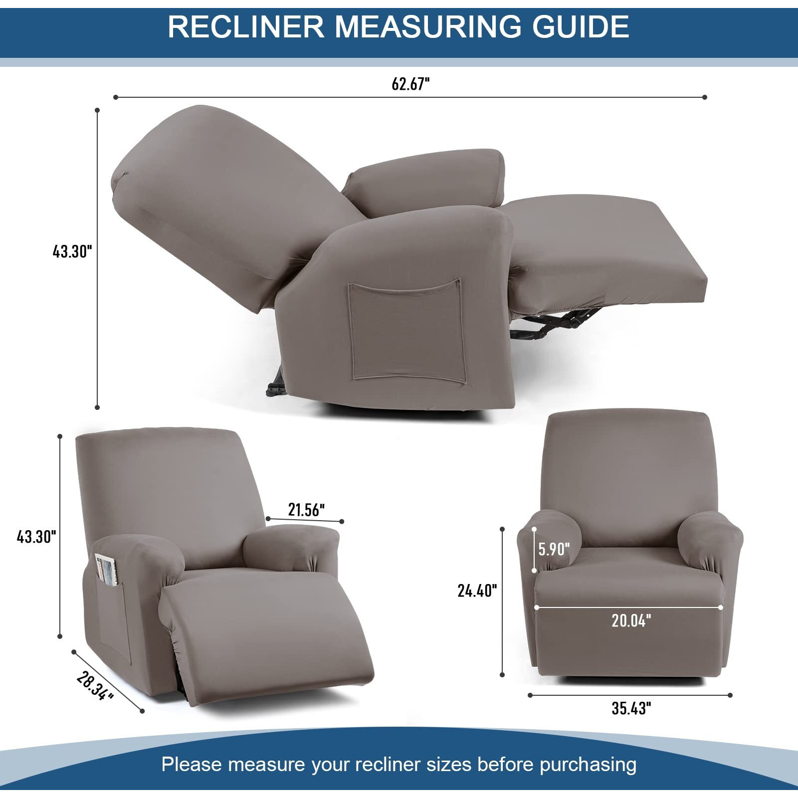 Taococo Stretch Recliner Couch Covers 3-Pieces Style Recliner Chair Covers Recliner Cover For Reclining Chair Slipcovers Feature Fitted Soft Washable (1 Seat  Taupe)