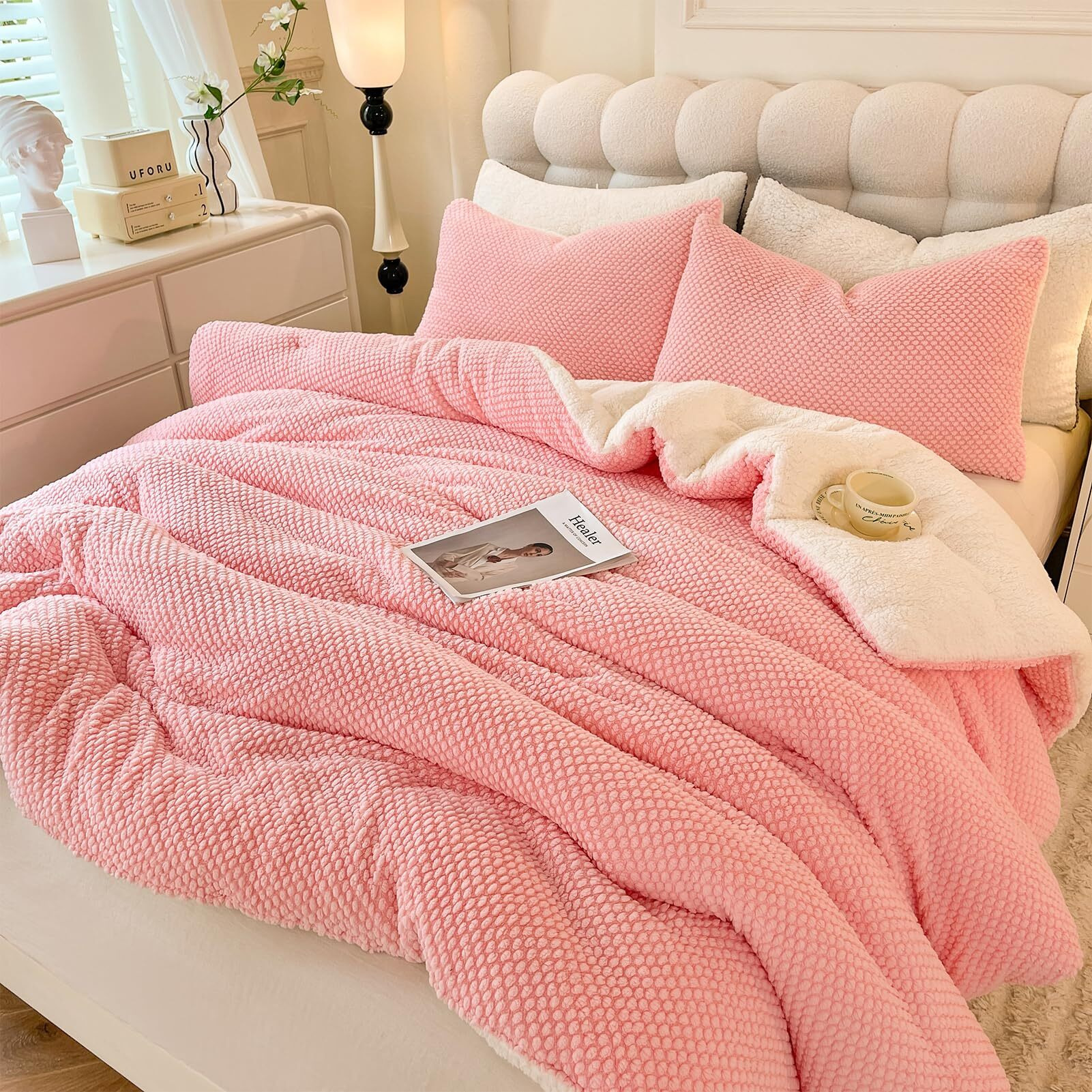 Llancl 3D Jacquard Design Comforter Set  Ultra-Soft Warm King Size Sherpa Fur Plush 3-Pieces Sets Luxury Cozy Bedding With 2 Pillowcases (104"&quotX90""  Pink)
