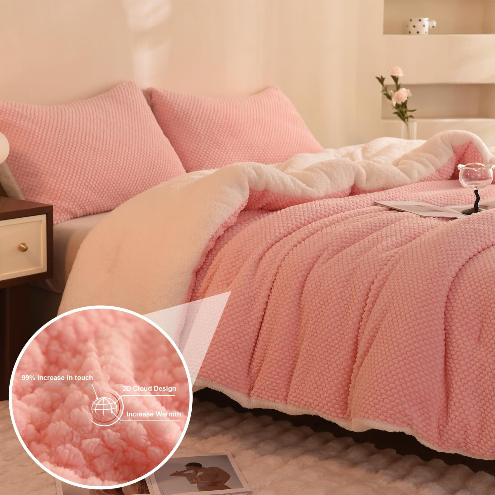 Llancl 3D Jacquard Design Comforter Set  Ultra-Soft Warm King Size Sherpa Fur Plush 3-Pieces Sets Luxury Cozy Bedding With 2 Pillowcases (104"&quotX90""  Pink)