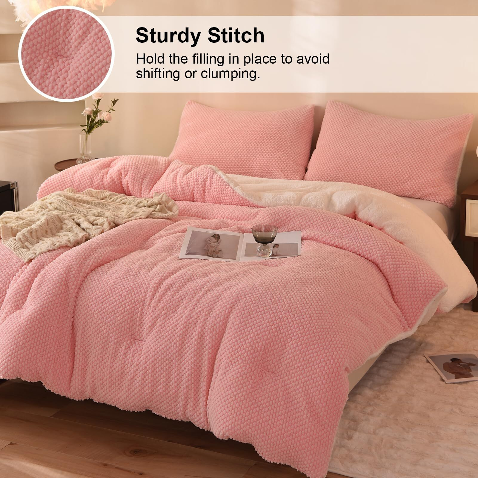 Llancl 3D Jacquard Design Comforter Set  Ultra-Soft Warm King Size Sherpa Fur Plush 3-Pieces Sets Luxury Cozy Bedding With 2 Pillowcases (104"&quotX90""  Pink)