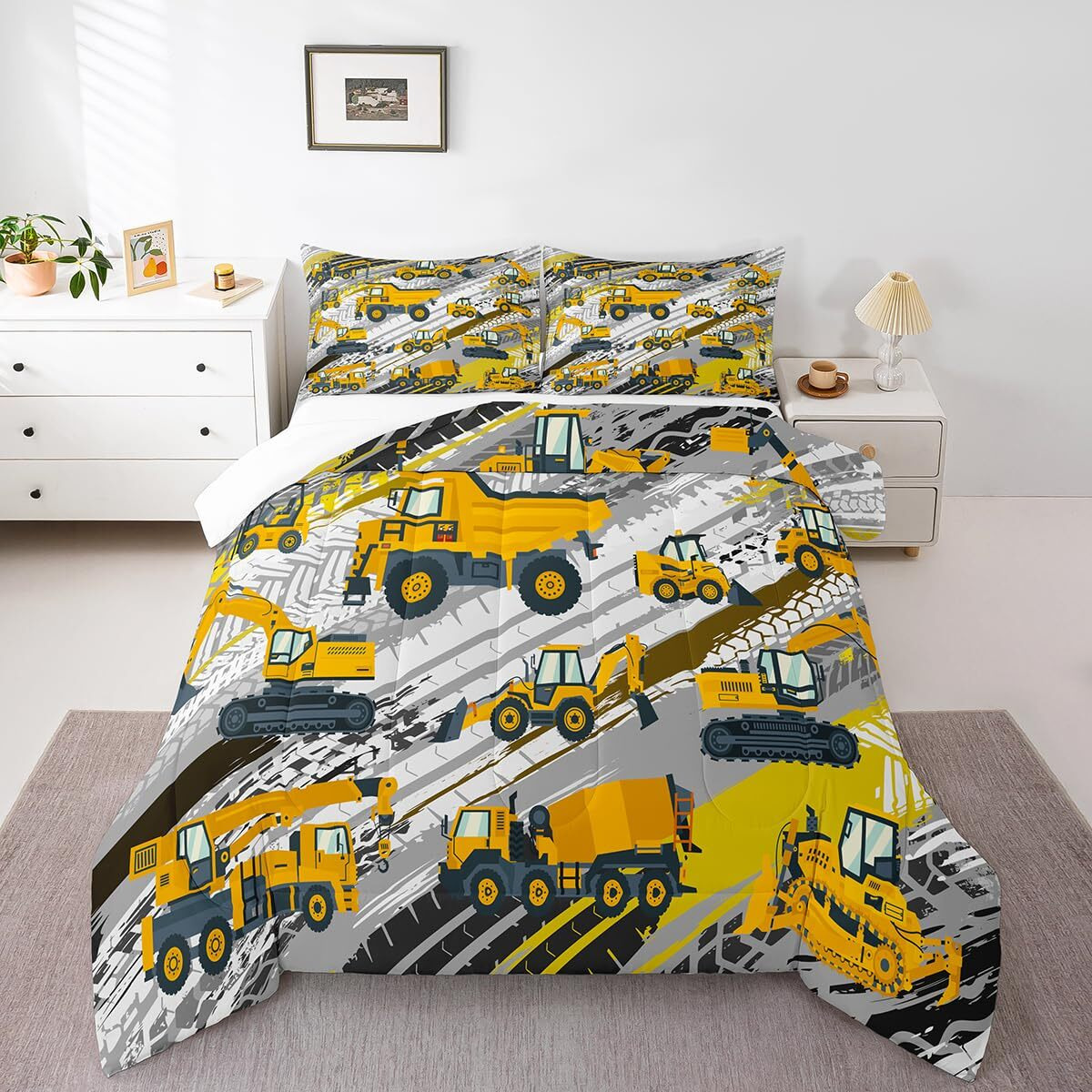 Boys Construction Comforter Set Truck Bedroom Decor For Kids Girls Under Construction Vehicles Down Comforter Nursery Children Cartoon Machinery Truck Excavator Bedding Tractor Cars Duvet Quilt Full