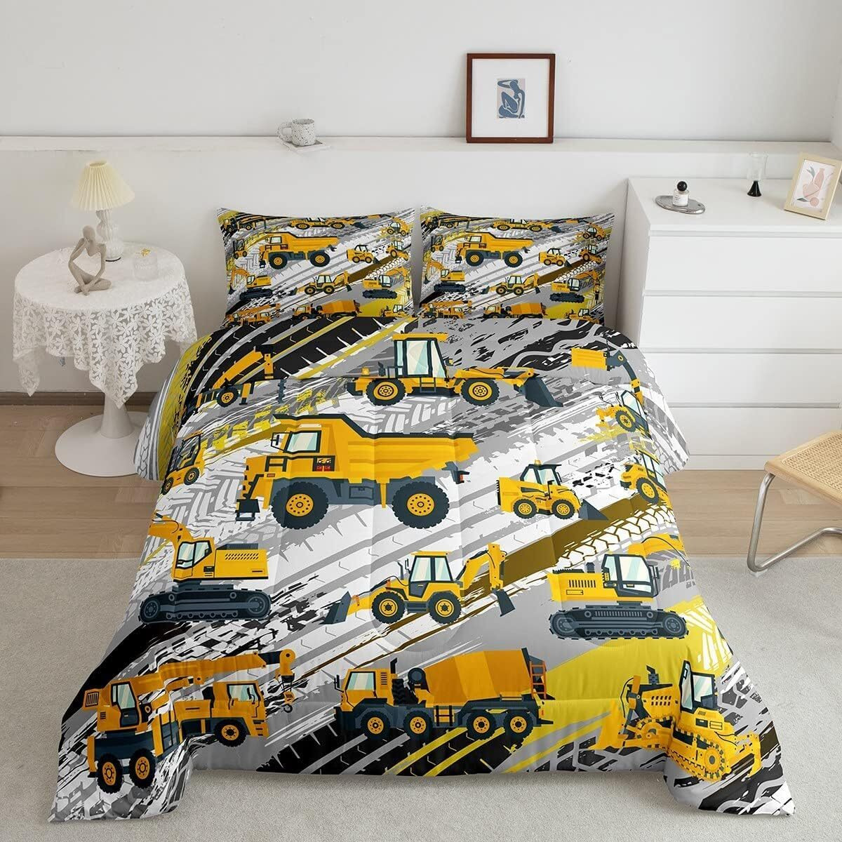 Boys Construction Comforter Set Truck Bedroom Decor For Kids Girls Under Construction Vehicles Down Comforter Nursery Children Cartoon Machinery Truck Excavator Bedding Tractor Cars Duvet Quilt Full