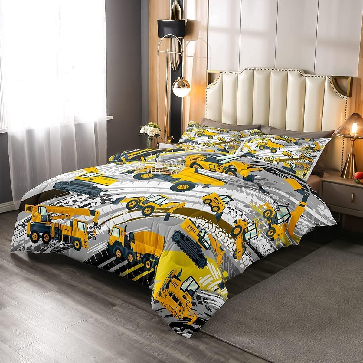 Boys Construction Comforter Set Truck Bedroom Decor For Kids Girls Under Construction Vehicles Down Comforter Nursery Children Cartoon Machinery Truck Excavator Bedding Tractor Cars Duvet Quilt Full
