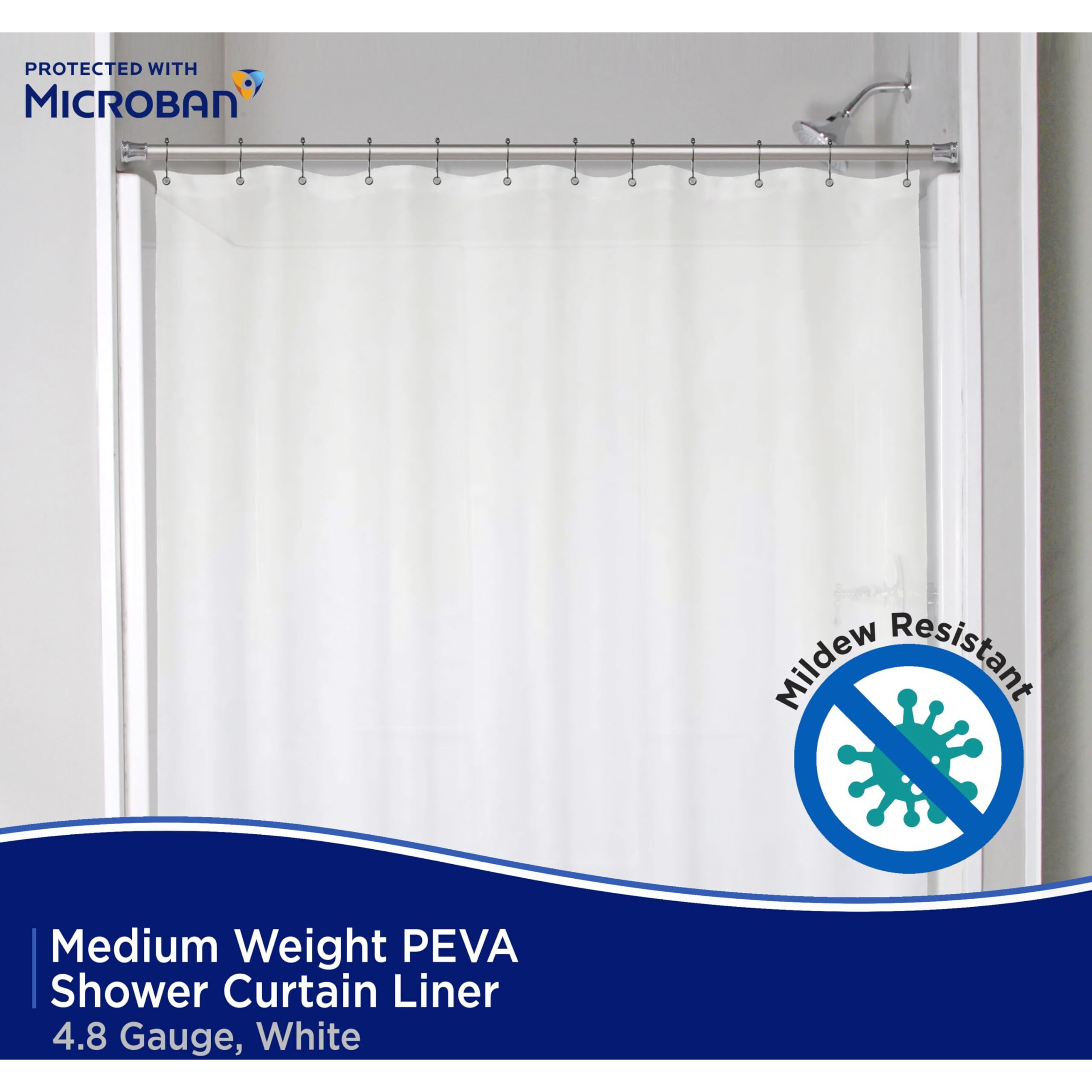 Kenney Mb61158 Microban Protected Medium Weight 4.8 Gauge Waterproof Peva Shower Curtain Liner With Rust-Resistant Metal Grommets And Weighted Magnetic Hem For Bathroom  70"" W X 72"" H  Frosted  1-Pack