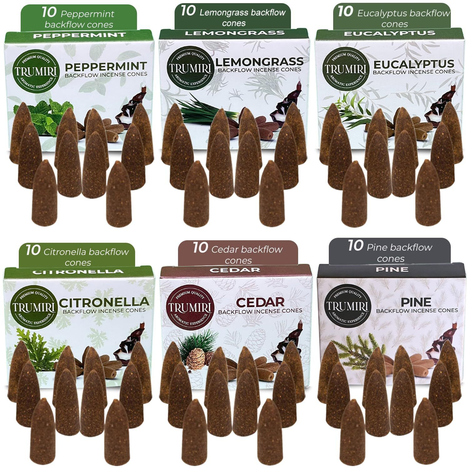 Leafy - Backflow Incense Cones For Waterfall - Scented Inscents-Cones - Peppermint  Citronella  Pine  Cedar  Eucalyptus  Lemongrass - Insiensos Aromaticos - 6X1060 Large Variety Pack
