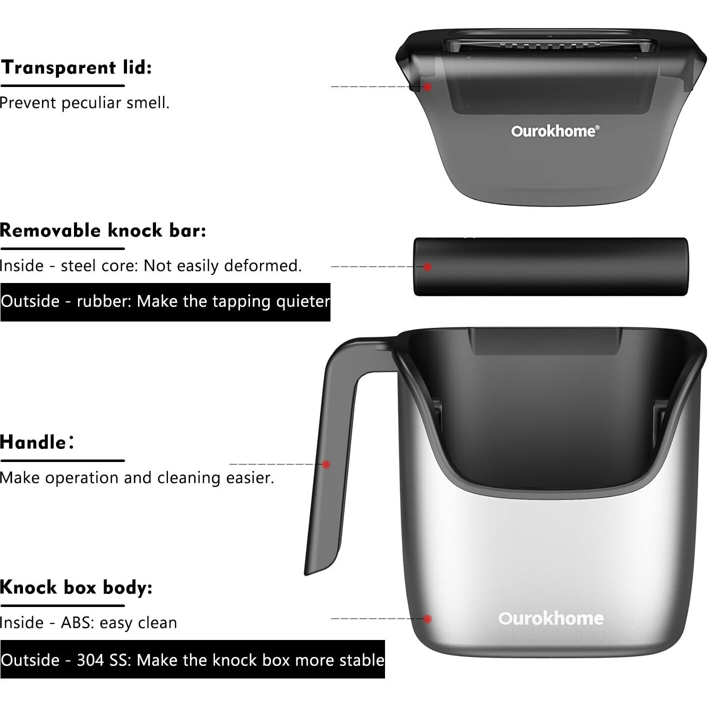 Ourokhome Knock Box Espresso Accessories  The Latest Patented Stainless Steel Espresso Machine Tool For Coffee Ground With Removable Knock Bar  Handle And Lid  Dishwasher Safe  4.8 Inch