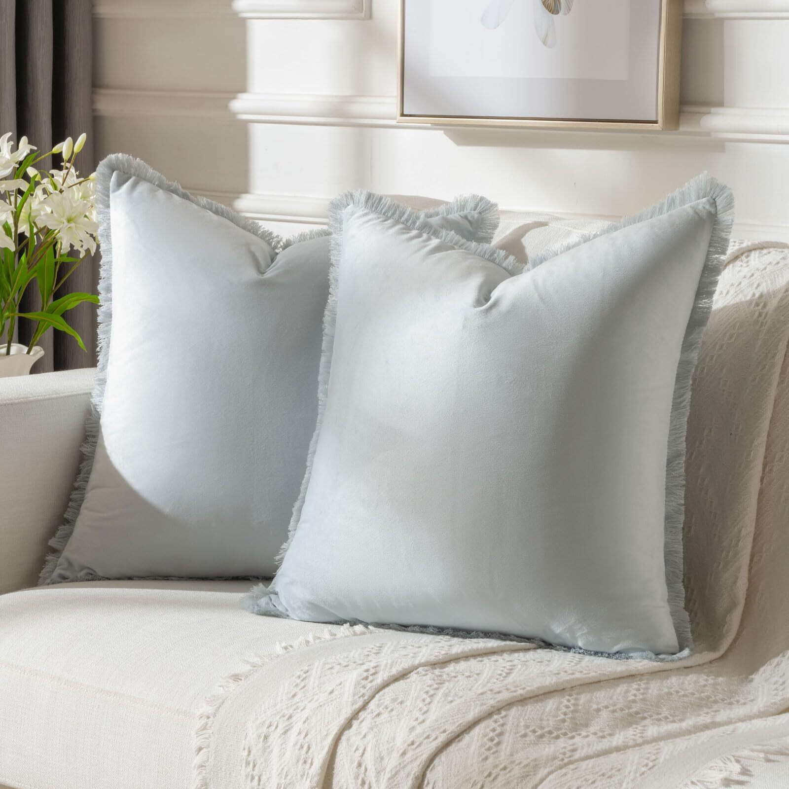 Futei Light Blue Boho Throw Pillow Covers With Tassels 16X16 Inch Set Of 2 Soft Velvet Decorative Cushion Case Home Decor For Couch Bed Living Room