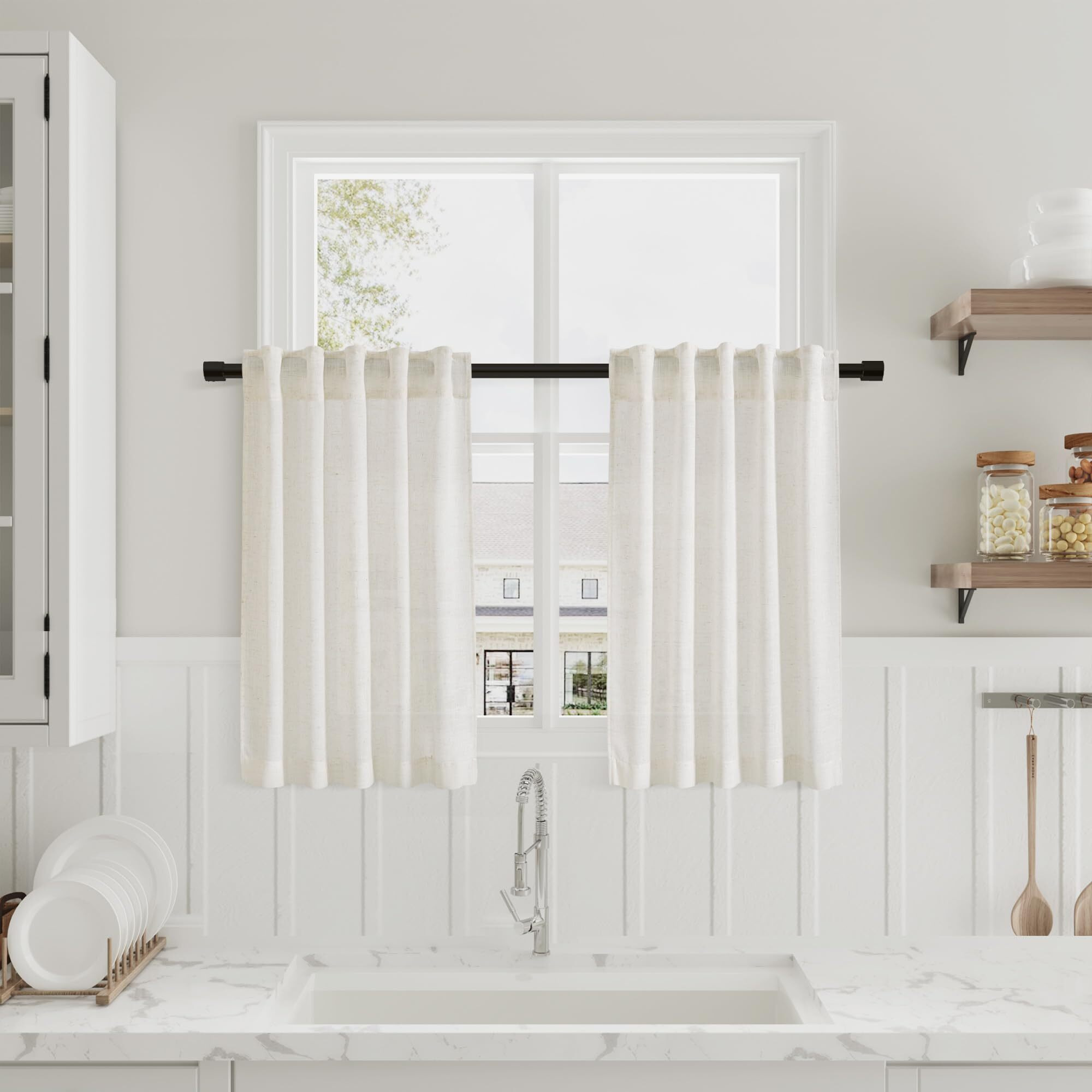 Cream Linen Kitchen Curtain 24 Inch Length 2 Panel Set Back Tab Pocket Modern Neutral Short Cafe Curtains Light Filtering Sheer Small Window Treatment Tiers For Basement Camper 36Wx24L 2 Ft Ivory