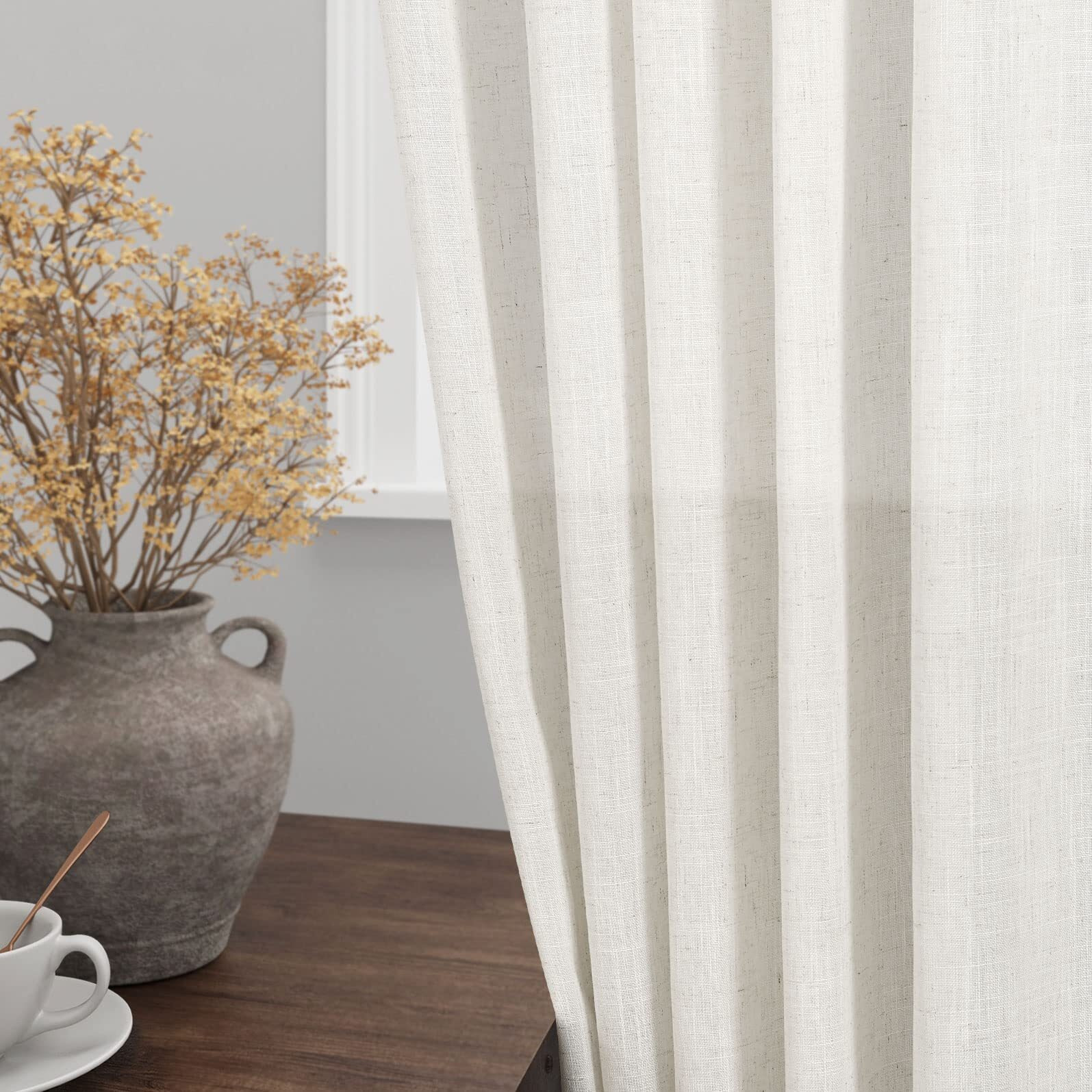 Cream Linen Kitchen Curtain 24 Inch Length 2 Panel Set Back Tab Pocket Modern Neutral Short Cafe Curtains Light Filtering Sheer Small Window Treatment Tiers For Basement Camper 36Wx24L 2 Ft Ivory