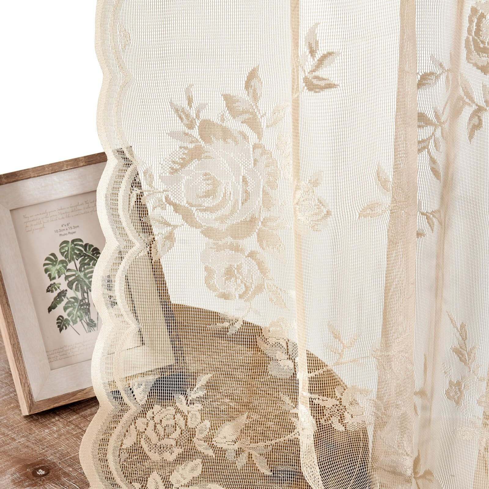 Beige Lace Curtains 108 Inches Long 2 Panels Floral Curtains For Living Room Bedroom Rod Pocket Light Filtering Drapes French Large Window Decor For Dining Room Hallway Doorway Sunroom  52X108