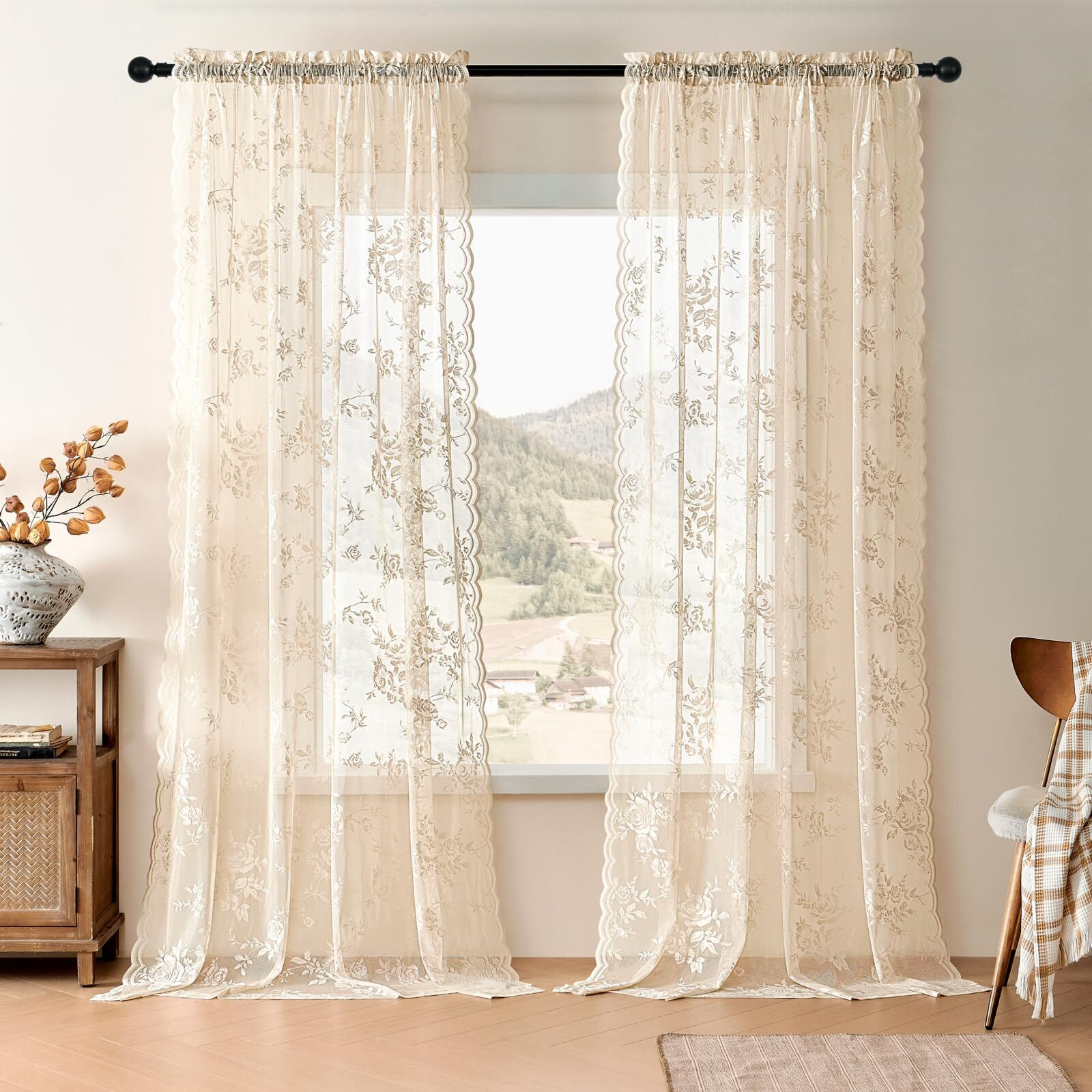Beige Lace Curtains 108 Inches Long 2 Panels Floral Curtains For Living Room Bedroom Rod Pocket Light Filtering Drapes French Large Window Decor For Dining Room Hallway Doorway Sunroom  52X108