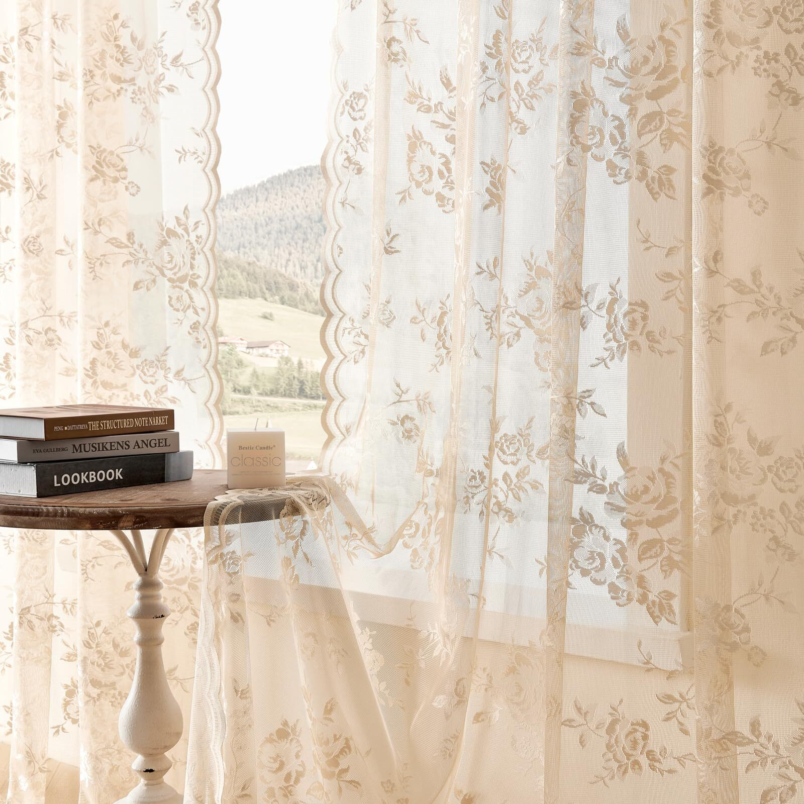 Beige Lace Curtains 108 Inches Long 2 Panels Floral Curtains For Living Room Bedroom Rod Pocket Light Filtering Drapes French Large Window Decor For Dining Room Hallway Doorway Sunroom  52X108
