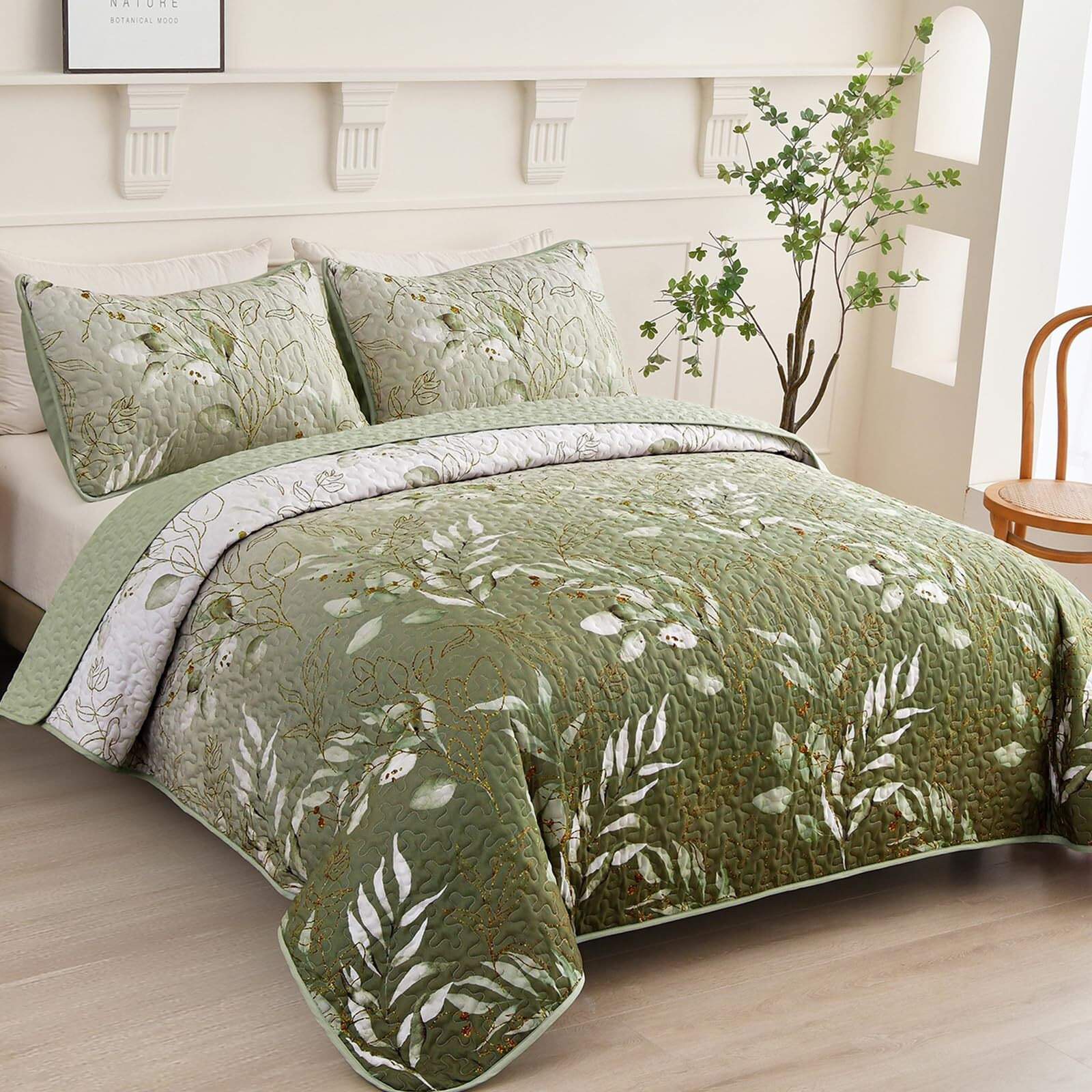 Anibedding Floral Queen Quilt Set 3 Piece Olive Green Flower Pattern Bedspread Coverlet Set For All Season Gradient Green Soft Lightweight Microfiber Bedding Set (96"&quot90"")