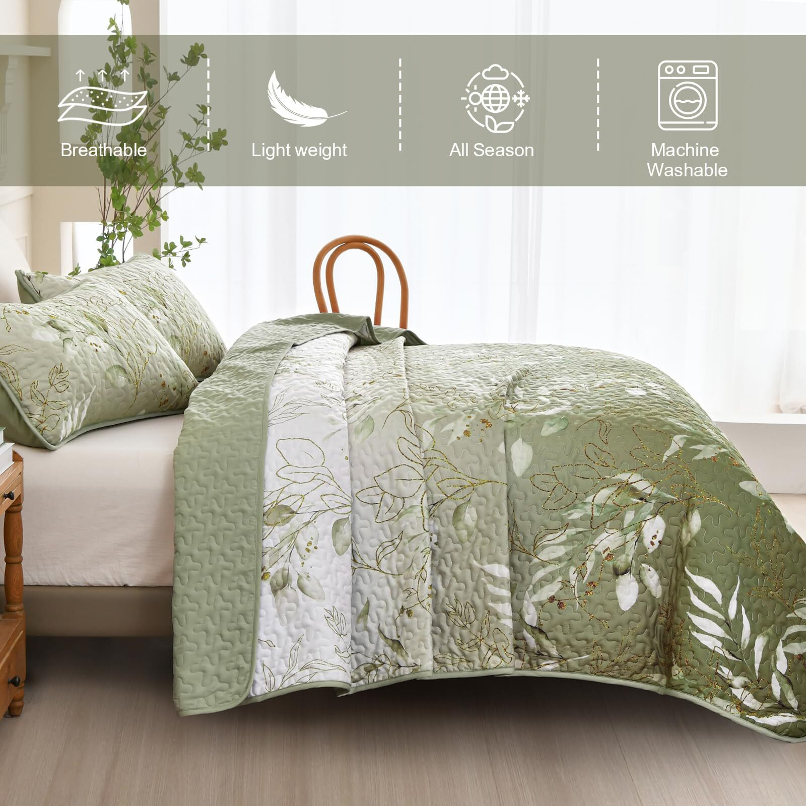 Anibedding Floral Queen Quilt Set 3 Piece Olive Green Flower Pattern Bedspread Coverlet Set For All Season Gradient Green Soft Lightweight Microfiber Bedding Set (96"&quot90"")