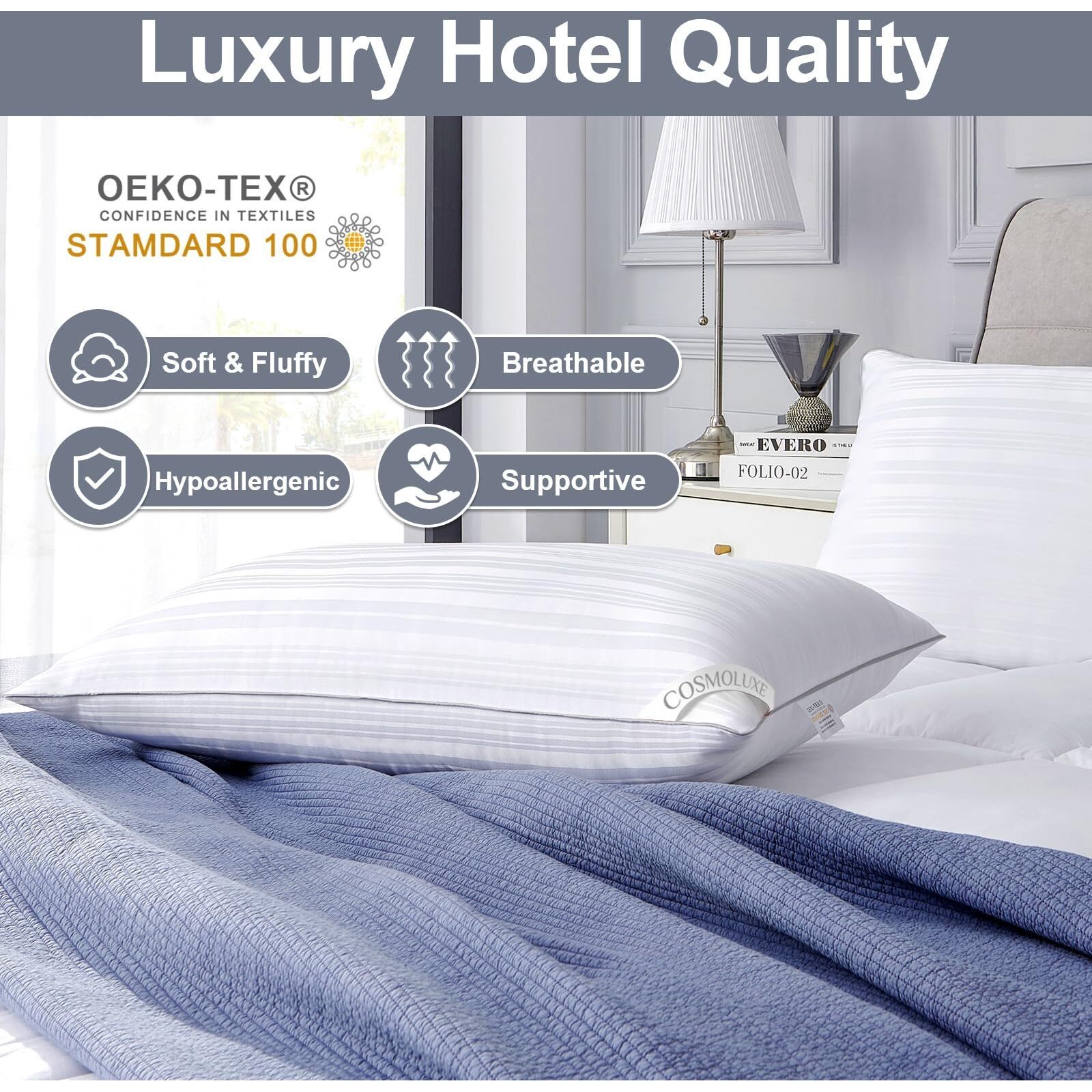 Cosmoluxe Pillows Queen Size Set Of 2 For Sleeping  Fluffy 20X28 Bed Pillows 2 Pack  Soft And Supportive Hotel Collection Down Alternative Pillows For Back  Stomach Or Side Sleepers  Grey