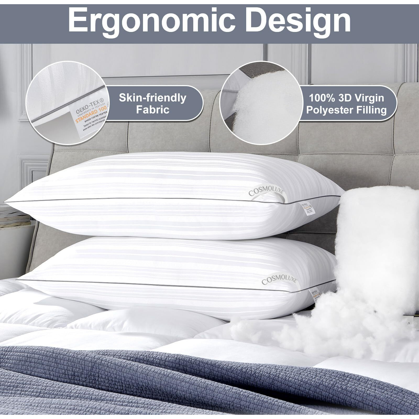 Cosmoluxe Pillows Queen Size Set Of 2 For Sleeping  Fluffy 20X28 Bed Pillows 2 Pack  Soft And Supportive Hotel Collection Down Alternative Pillows For Back  Stomach Or Side Sleepers  Grey