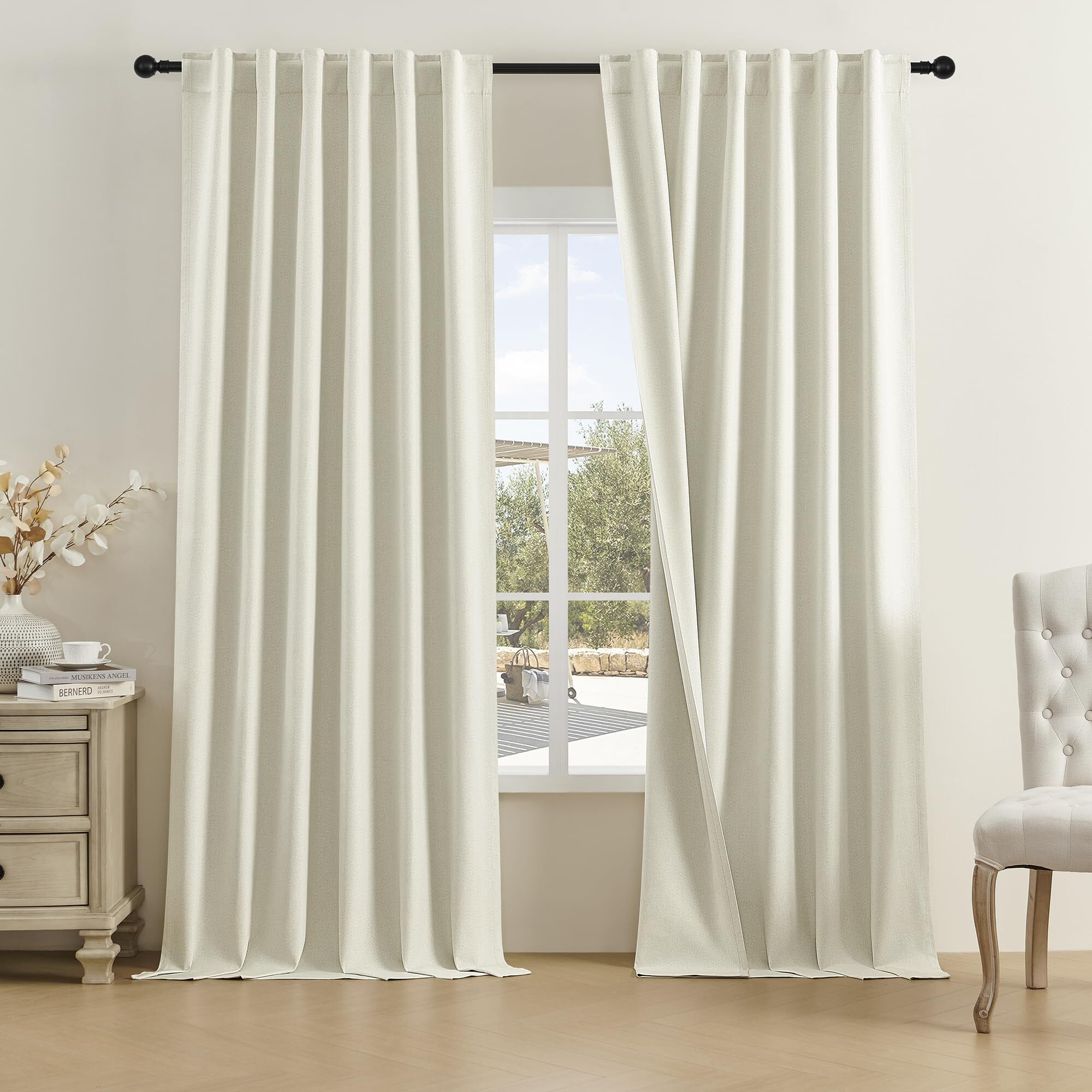 Dualife Beige Linen Curtains 96 Inches Long For Living Room Neutral Curtains 2 Panels Back Tab Loop Pocket Save Energy Privacy Curtains For Bedroom Dining Cottage Urban Decor 8 Ft Tall 50 X96
