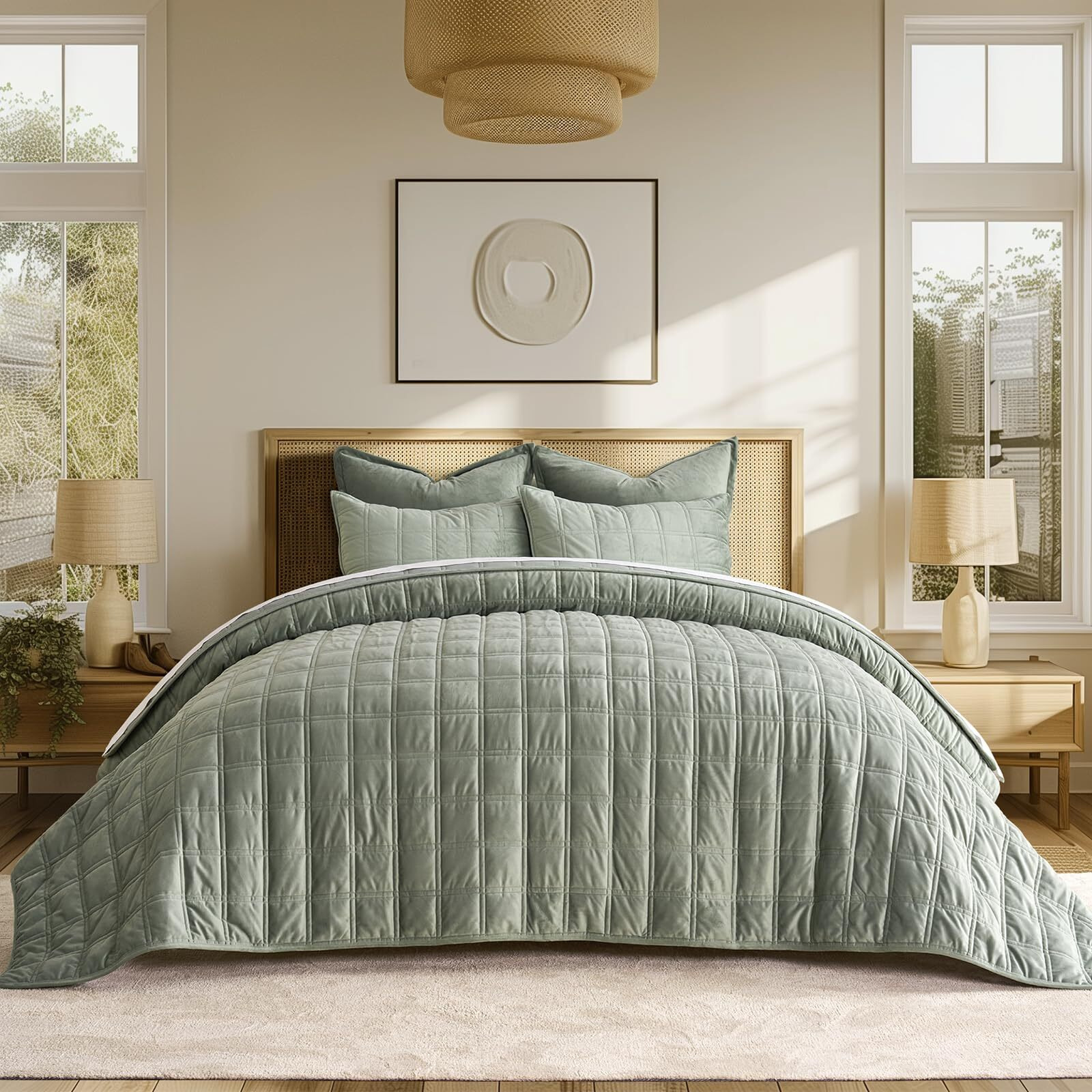 Evergrace 3 Pieces Luxurious Velvet Quilt King Size  Ultra Soft Bedspread Coverlet Set  Double Box Stitch Lightweight Velvet Comforter For All Season With 2 Shams  Sage Green  108"&quotX96""